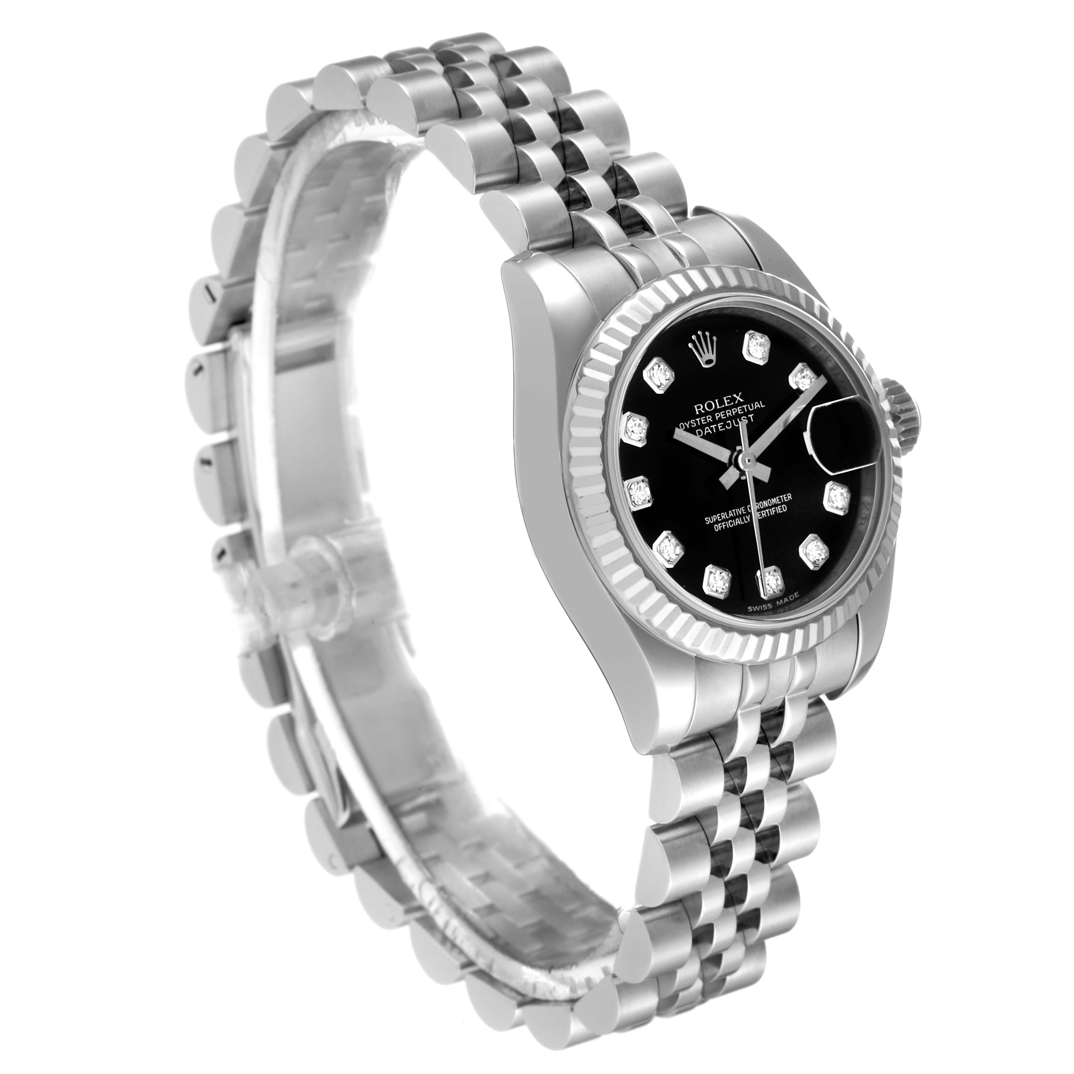 This image shows a Rolex Datejust 179174 Women's Steel and Gold (two tone) Black Dial 179174 Women's Steel and Gold (two tone) Black Dial watch at an angle highlighting its bracelet, bezel, and black dial with diamond hour markers.