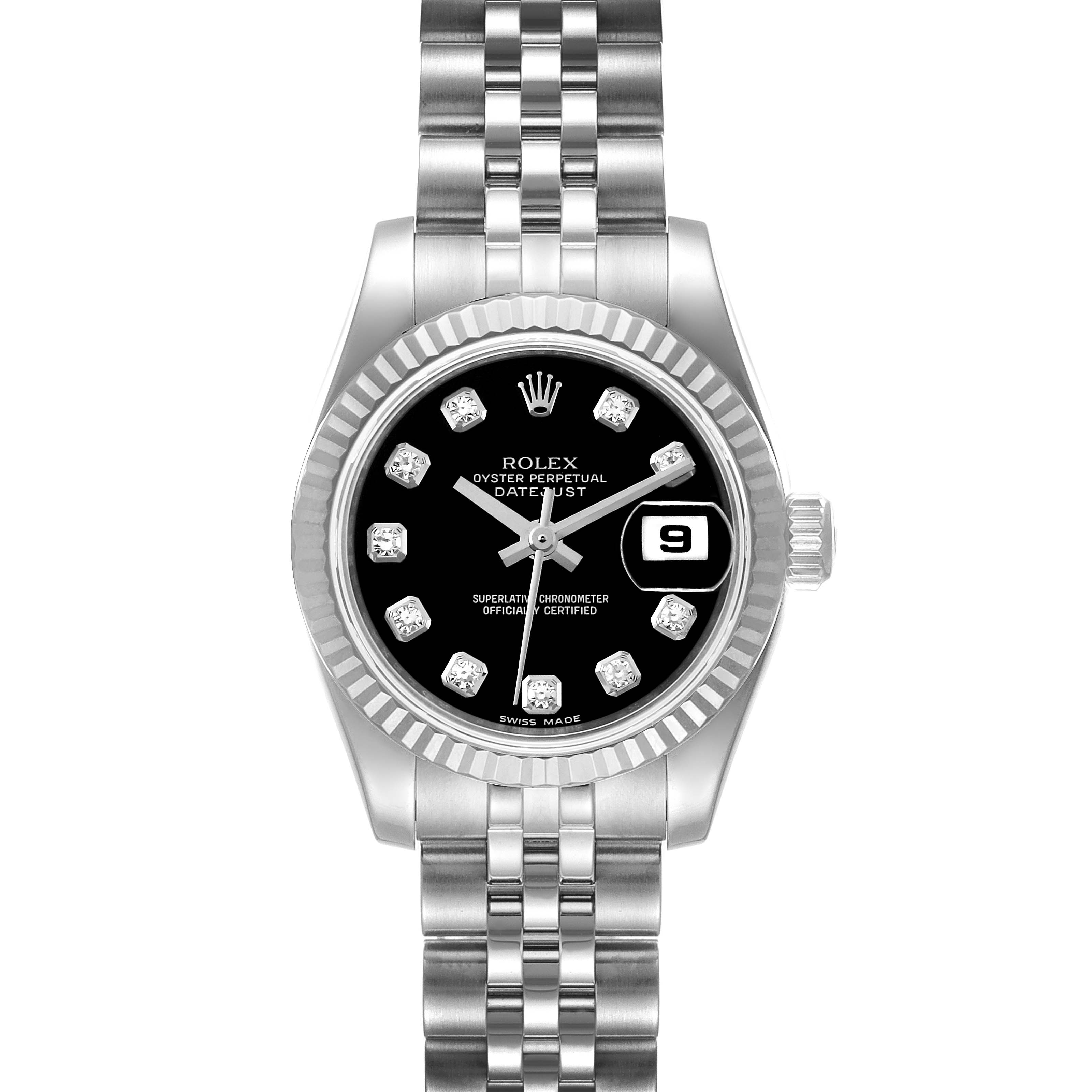 This image shows a front view of a Rolex Datejust 179174 Women's Steel and Gold (two tone) Black Dial 179174 Women's Steel and Gold (two tone) Black Dial watch, highlighting its black dial, fluted bezel, and Jubilee bracelet.