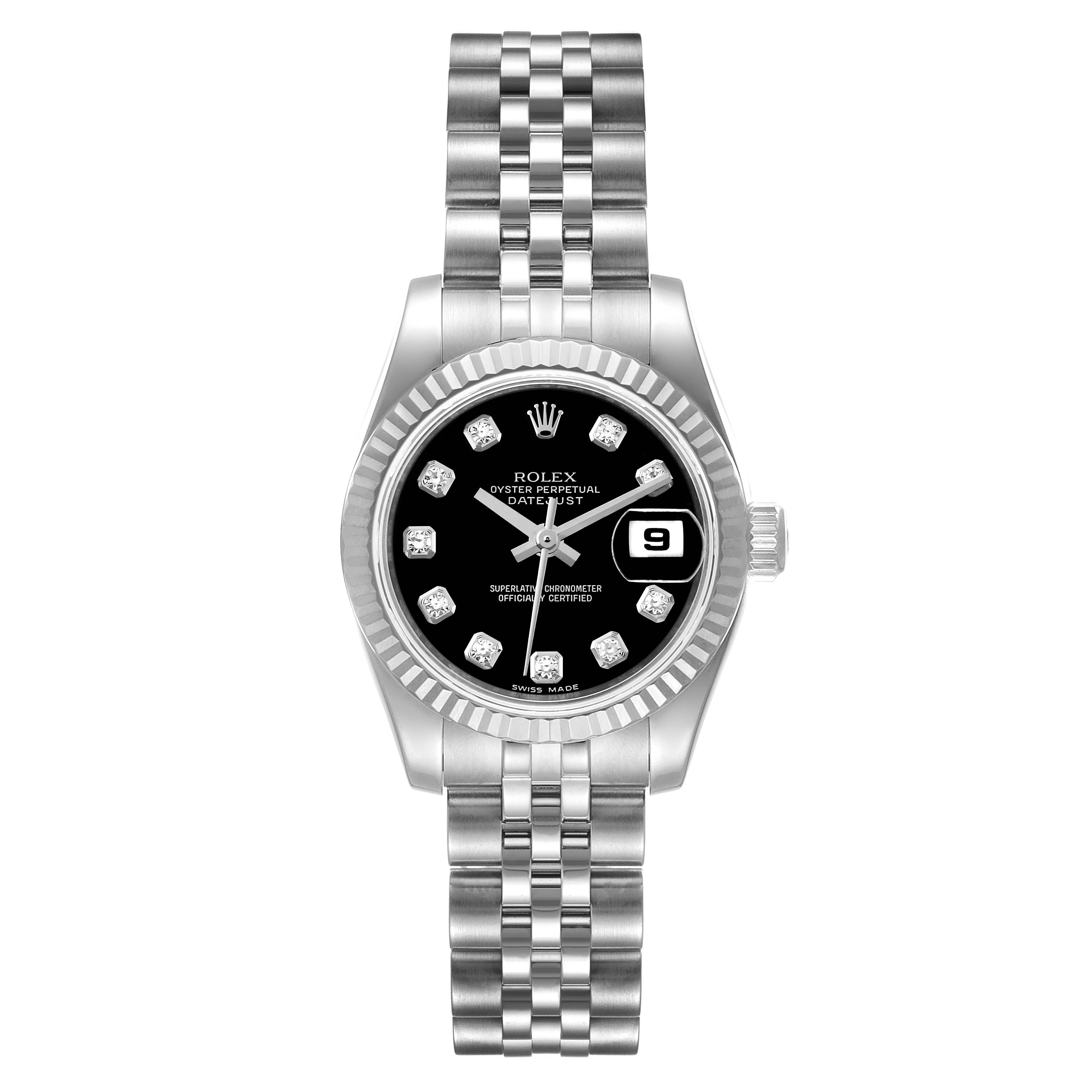This image shows a Rolex Datejust 179174 Women's Steel and Gold (two tone) Black Dial 179174 Women's Steel and Gold (two tone) Black Dial watch from a top-down angle, displaying the face, bezel, and bracelet.