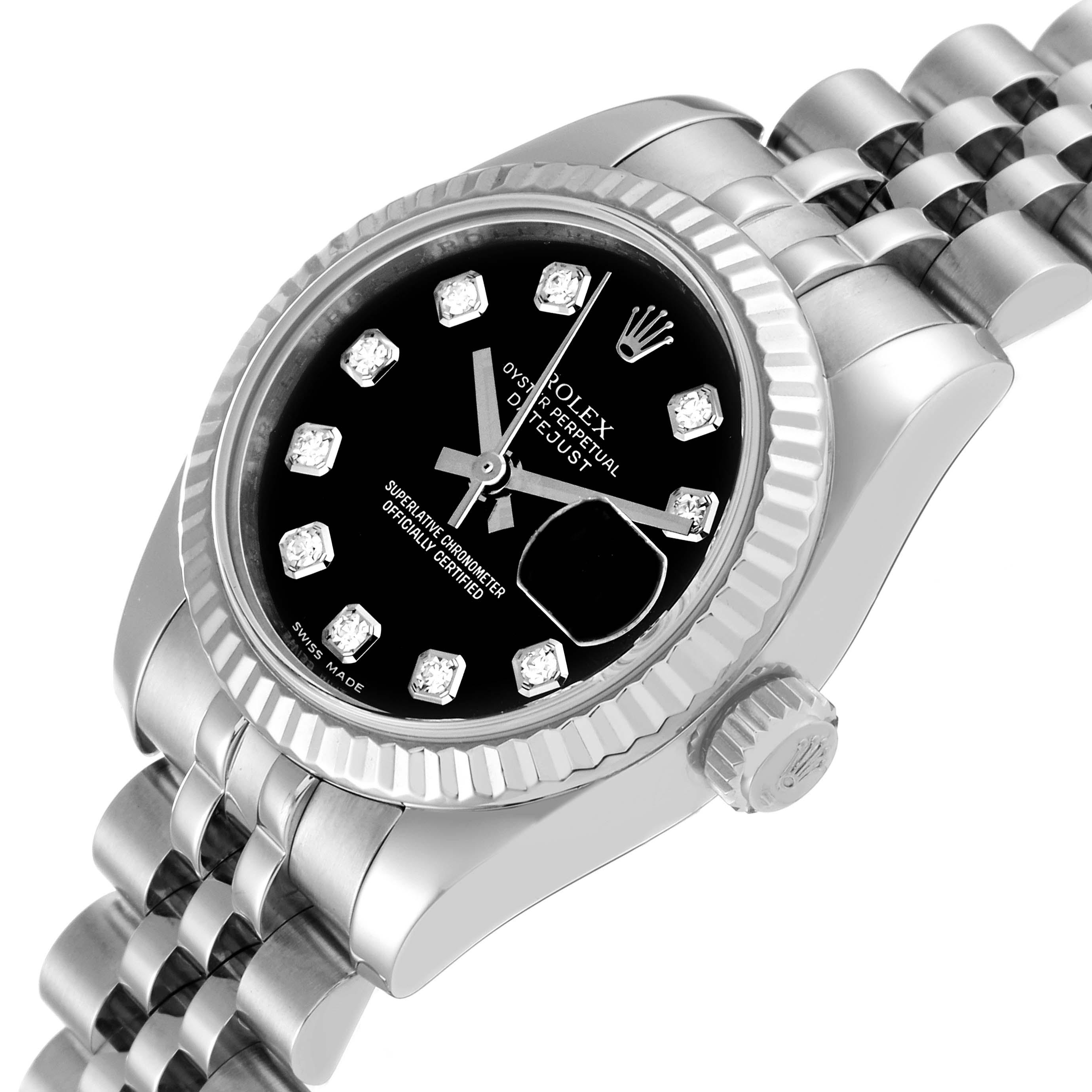 The image shows a Rolex Datejust 179174 Women's Steel and Gold (two tone) Black Dial 179174 Women's Steel and Gold (two tone) Black Dial watch angled to display the black diamond dial, fluted bezel, and Jubilee bracelet.