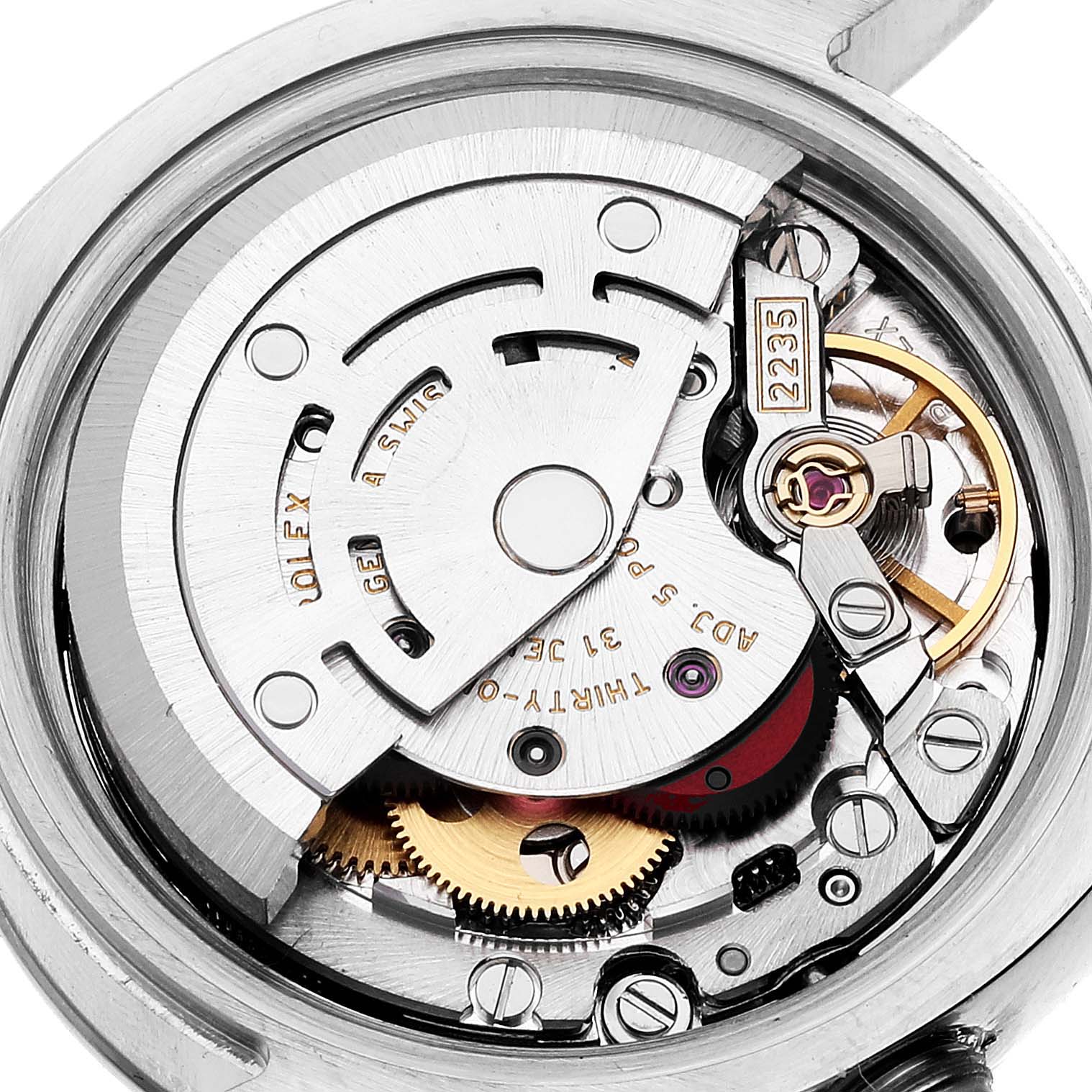 The image shows a close-up view of the movement mechanism inside a Rolex Datejust 179174 Women's Steel and Gold (two tone) Black Dial 179174 Women's Steel and Gold (two tone) Black Dial watch.