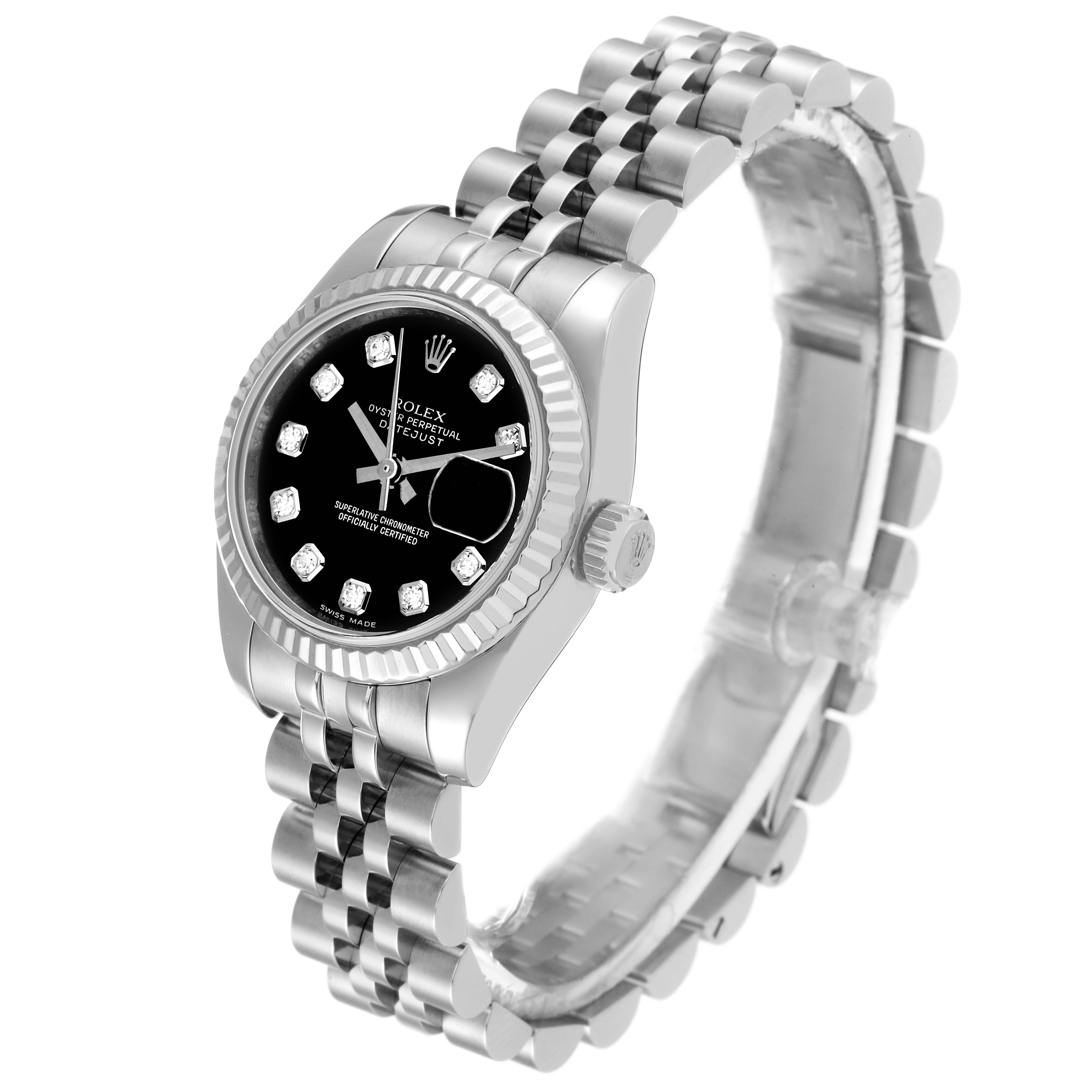 The Rolex Datejust 179174 Women's Steel and Gold (two tone) Black Dial 179174 Women's Steel and Gold (two tone) Black Dial watch is displayed at a front-angle showing the face, bezel, crown, and bracelet with a black dial and diamond markers.