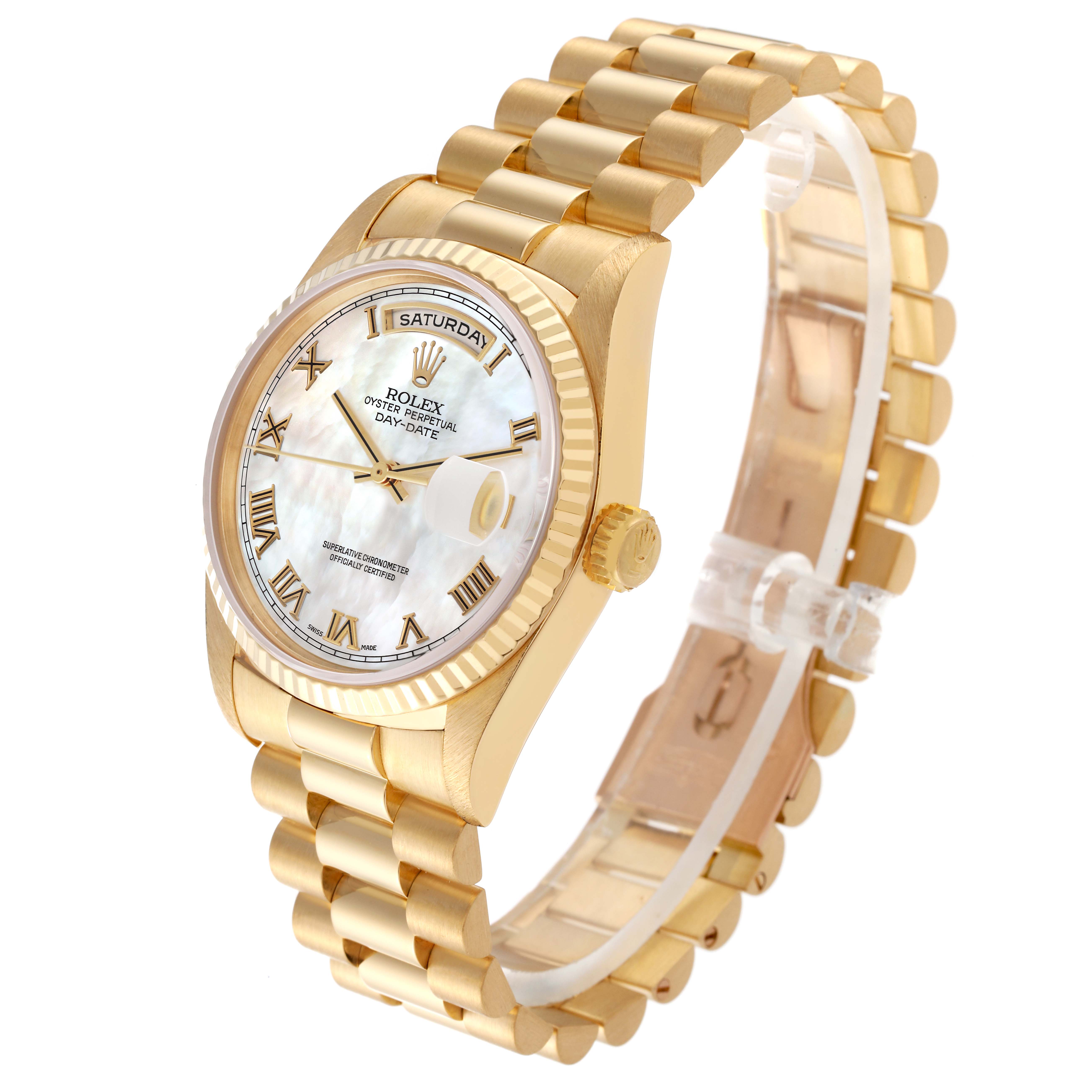 The image displays an angled view of a gold Rolex President 18238 Men
s Yellow Gold Mother of Pearl Dial 18238 Men
s Yellow Gold Mother of Pearl Dial Oyster Perpetual Day-Date watch, showcasing the face, strap, and crown.