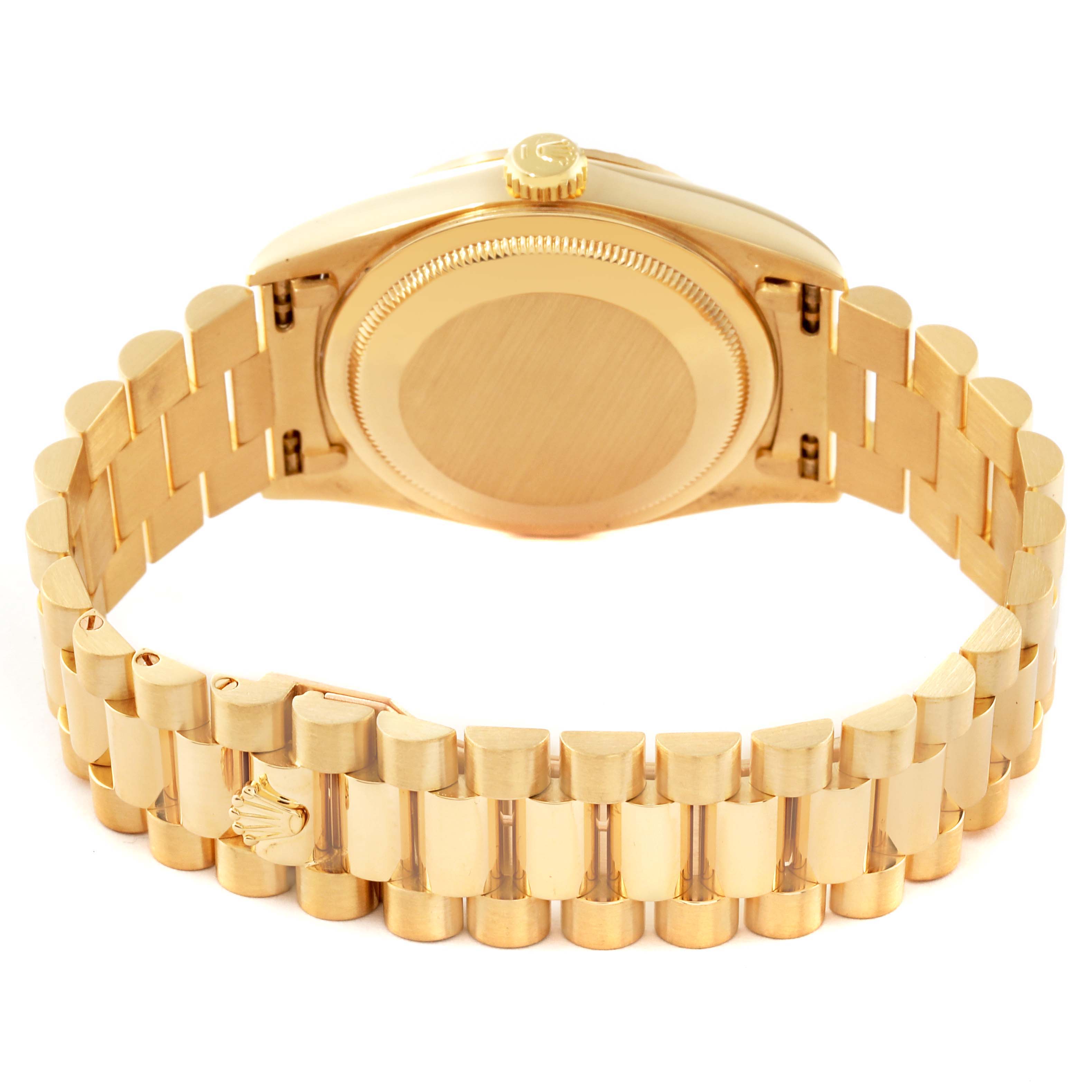 This image shows the rear view of a Rolex President 18238 Men
s Yellow Gold Mother of Pearl Dial 18238 Men
s Yellow Gold Mother of Pearl Dial model watch, highlighting the case back and bracelet.