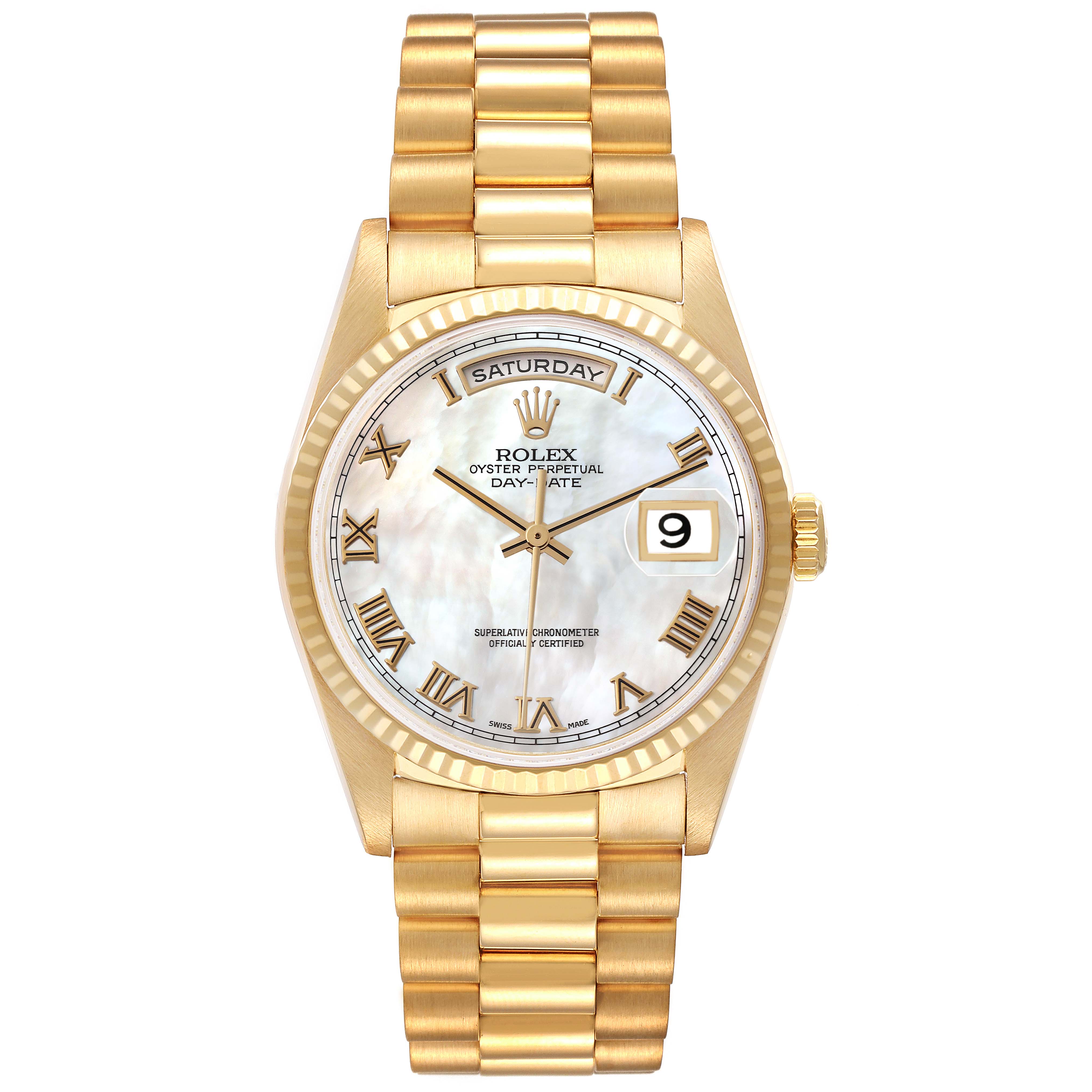 The image shows a front view of a Rolex President 18238 Men
s Yellow Gold Mother of Pearl Dial 18238 Men
s Yellow Gold Mother of Pearl Dial model watch, displaying the dial, hands, bracelet, and date.