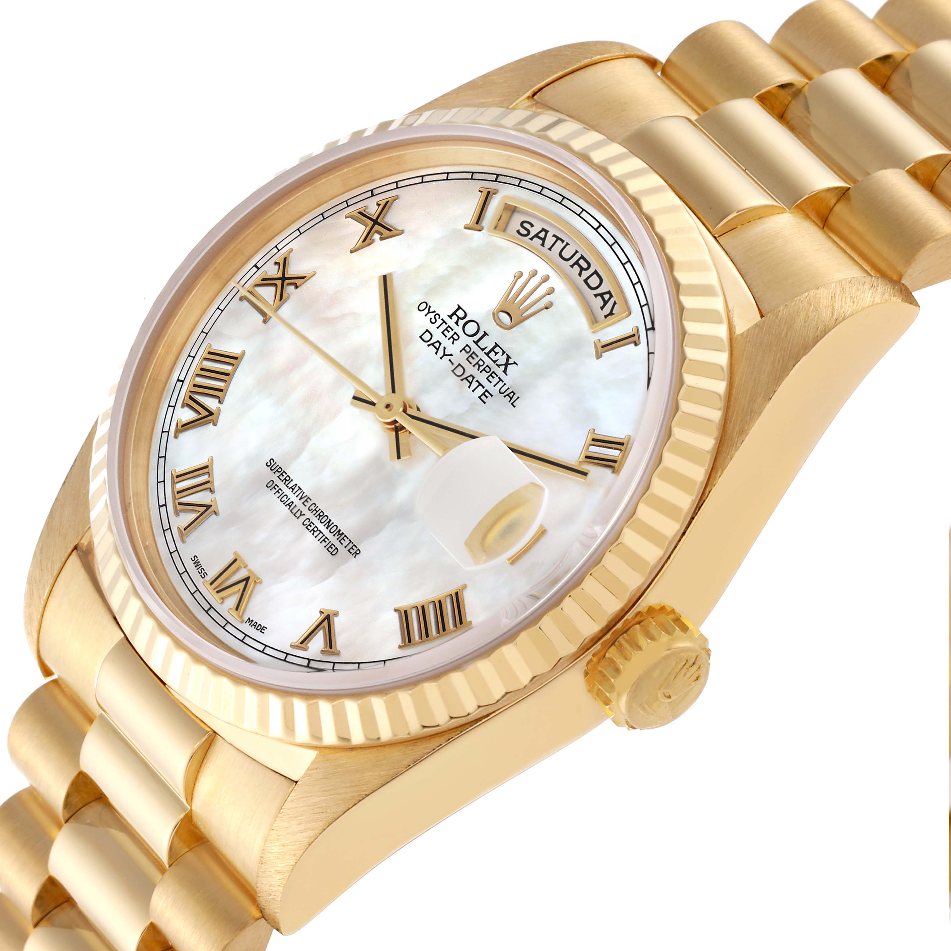 The image shows a close-up angle of the Rolex President 18238 Men
s Yellow Gold Mother of Pearl Dial 18238 Men
s Yellow Gold Mother of Pearl Dial model watch, highlighting the dial, bezel, and bracelet.
