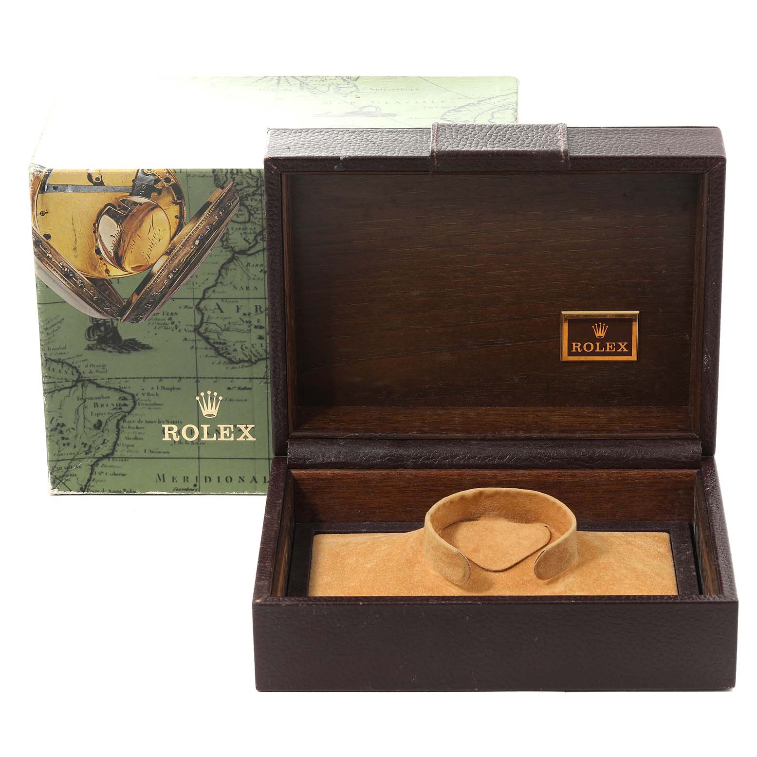 The image shows an empty Rolex President 18238 Men
s Yellow Gold Mother of Pearl Dial 18238 Men
s Yellow Gold Mother of Pearl Dial model watch box and its packaging from a slightly elevated front angle.