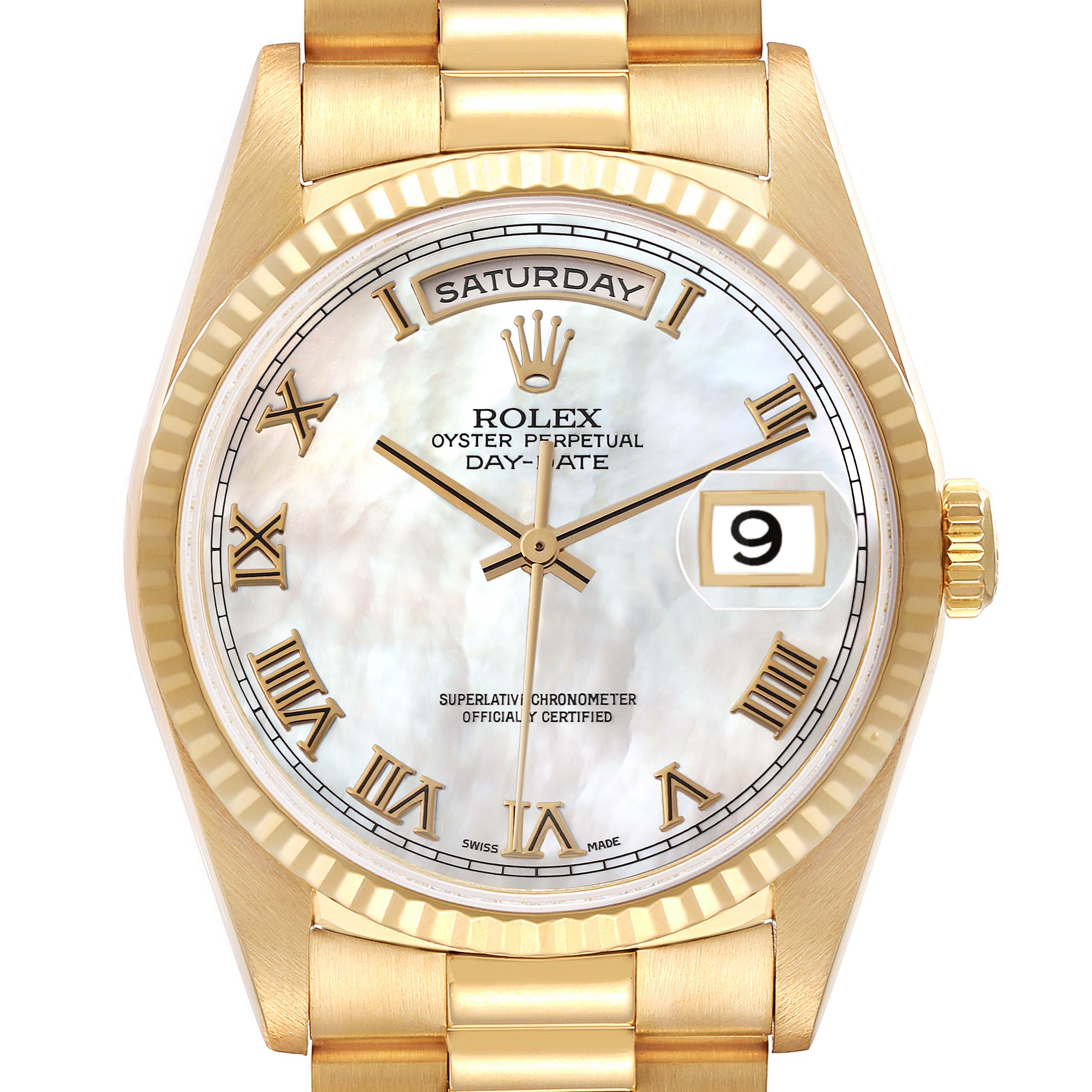 The image shows the Rolex President 18238 Men
s Yellow Gold Mother of Pearl Dial 18238 Men
s Yellow Gold Mother of Pearl Dial model watch face from a front angle, highlighting the dial, bezel, and bracelet.