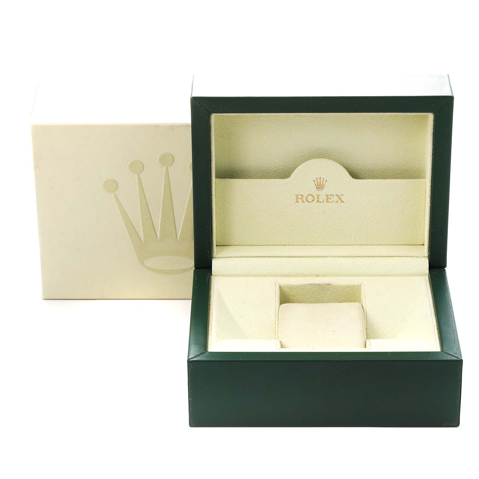 The image shows an open Rolex Daytona 116528 Men
s Yellow Gold Black Dial 116528 Men
s Yellow Gold Black Dial packaging box, displaying its inner compartments and a cushion for the watch.