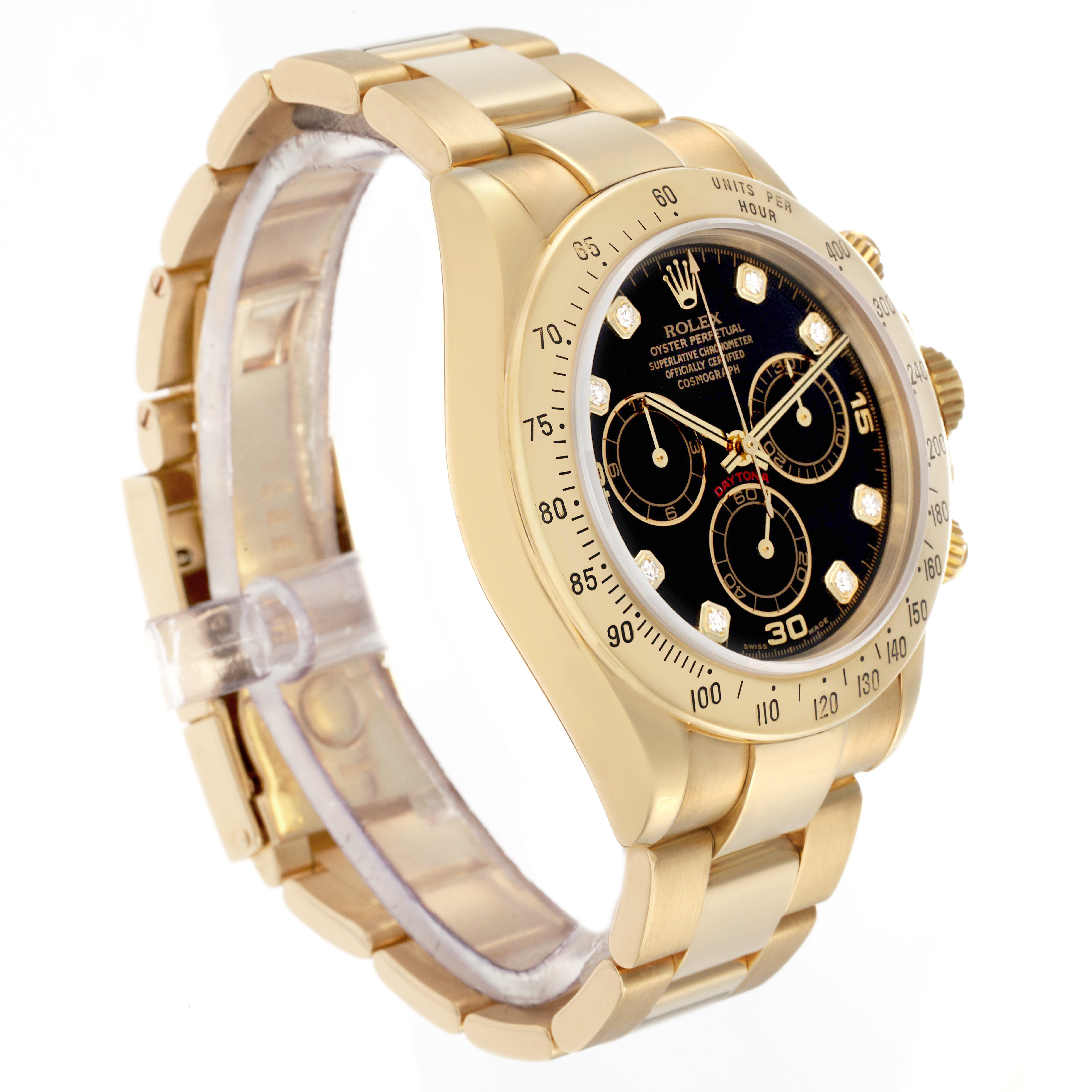 The Rolex Daytona 116528 Men
s Yellow Gold Black Dial 116528 Men
s Yellow Gold Black Dial watch is shown at a three-quarter angle, highlighting the gold bracelet, bezel, and black dial with subdials.