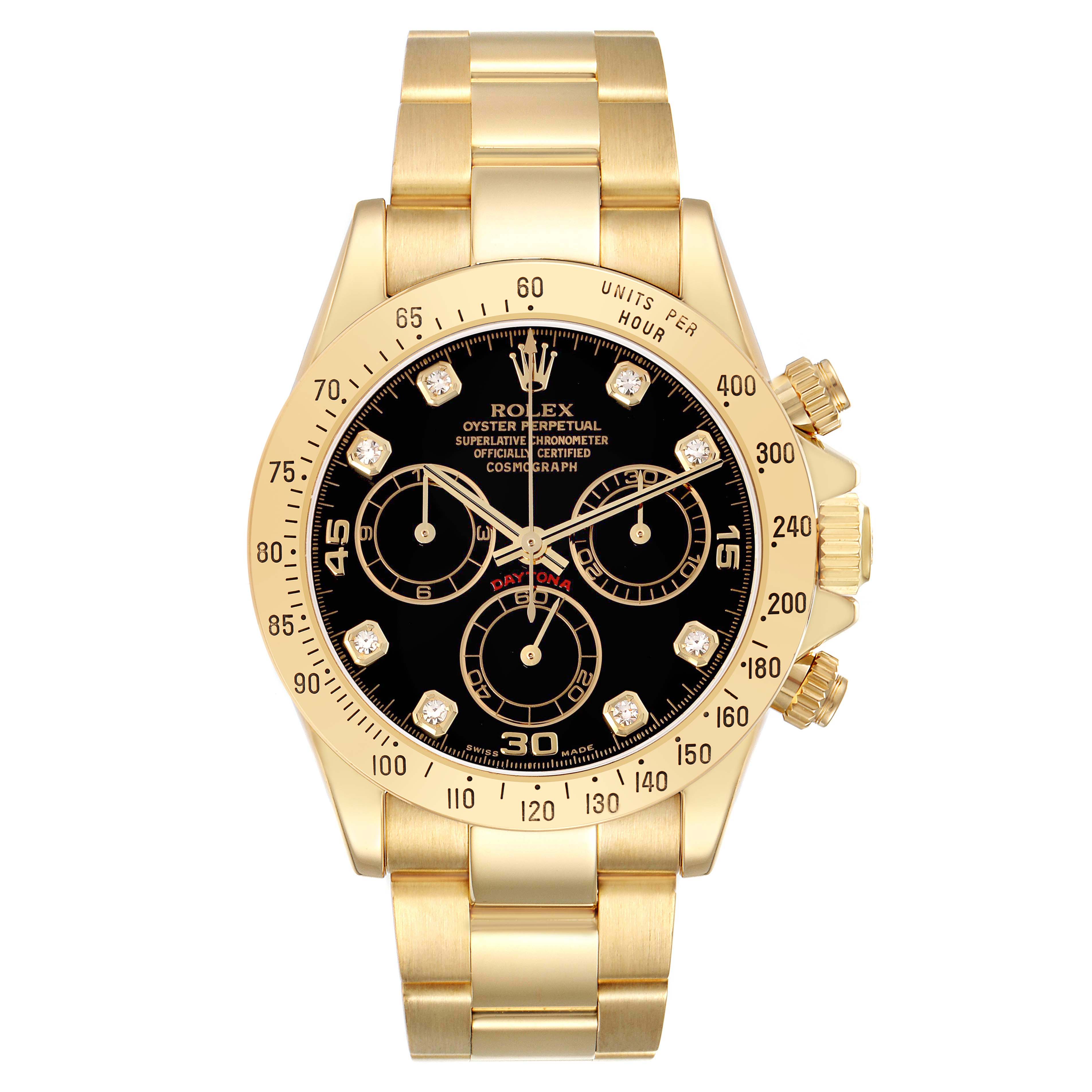 The Rolex Daytona 116528 Men
s Yellow Gold Black Dial 116528 Men
s Yellow Gold Black Dial watch is shown from a front angle, highlighting the dial, bezel, crown, and bracelet.