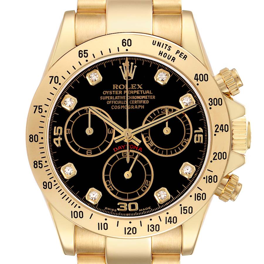 The Rolex Daytona watch is shown from the front, highlighting the dial, bezel, indices, and sub-dials.