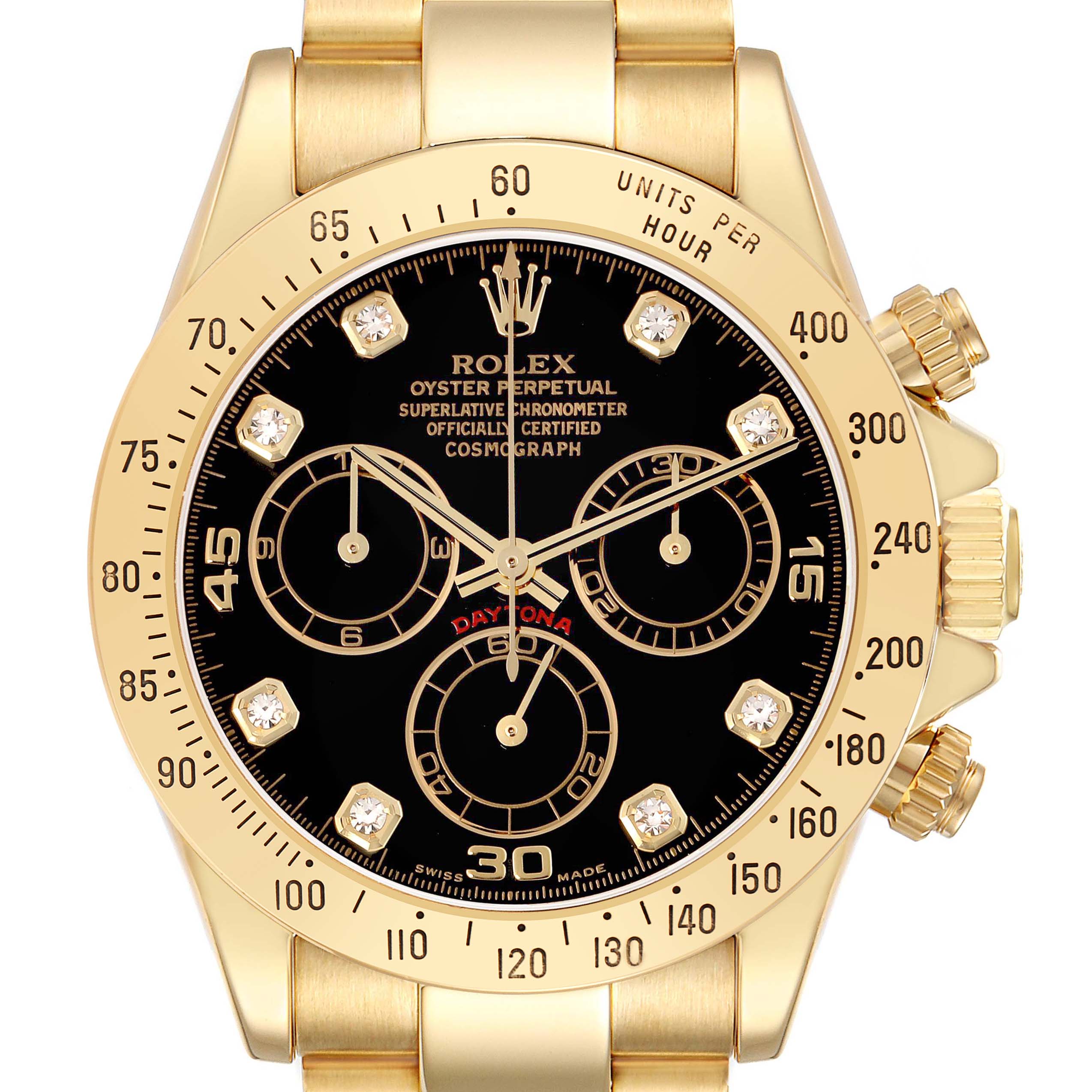 The Rolex Daytona 116528 Men
s Yellow Gold Black Dial 116528 Men
s Yellow Gold Black Dial watch is shown from the front, highlighting its dials, bezel, and crown.