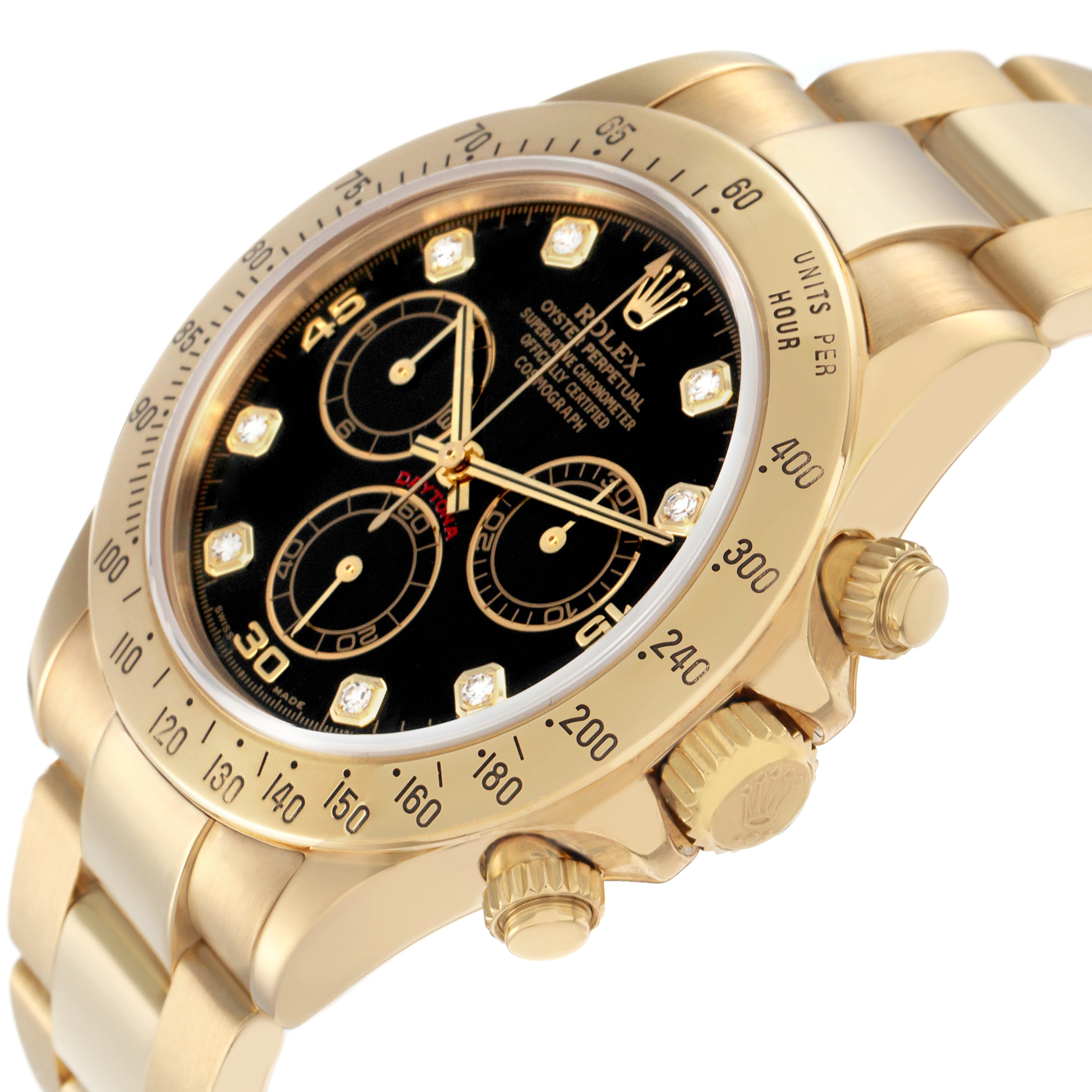 The image shows a gold Rolex Daytona 116528 Men
s Yellow Gold Black Dial 116528 Men
s Yellow Gold Black Dial watch at an angled view, highlighting the bezel, crown, and chronograph pushers.