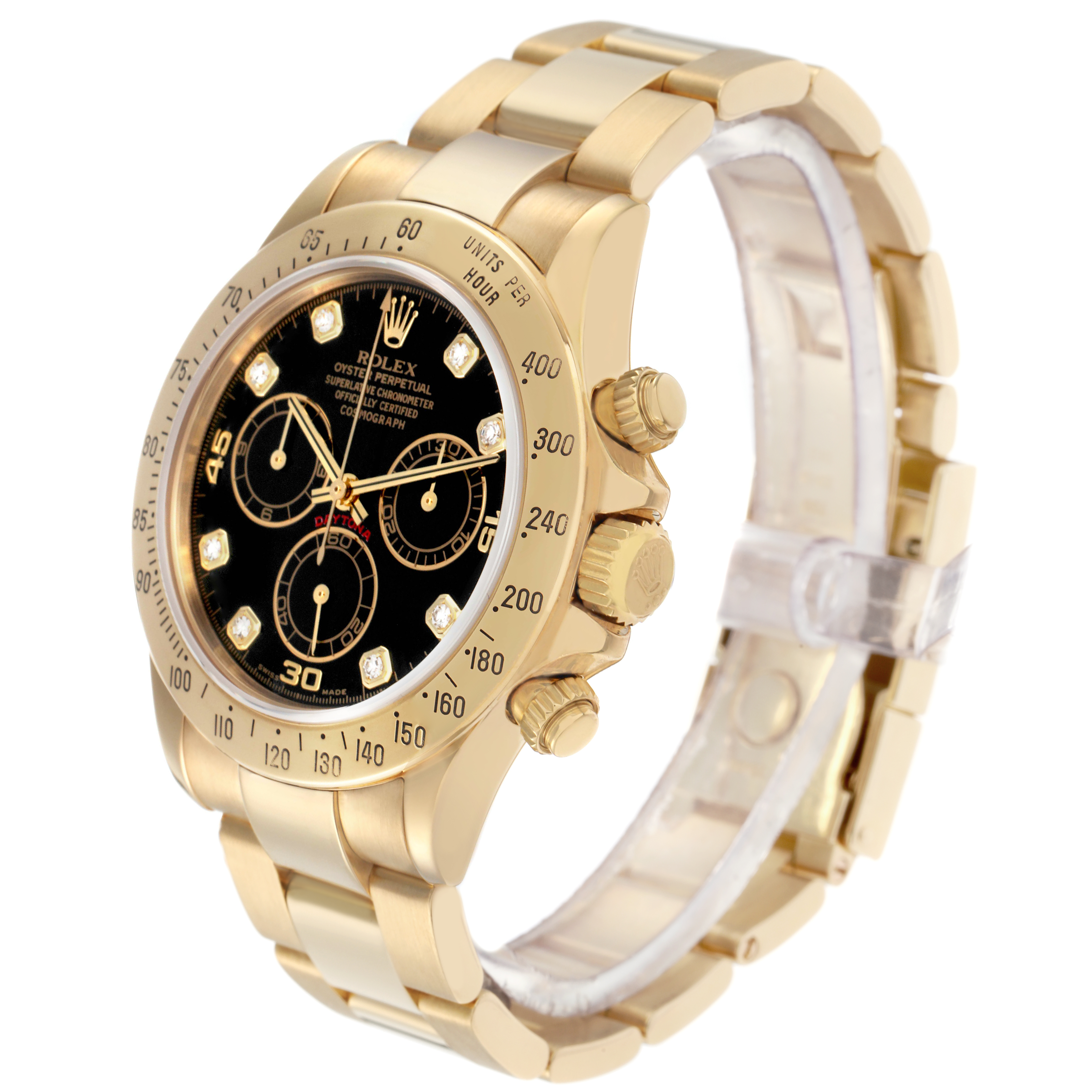 The Rolex Daytona 116528 Men
s Yellow Gold Black Dial 116528 Men
s Yellow Gold Black Dial watch is shown at a three-quarter angle, highlighting the bezel, dial, crown, and part of the bracelet.