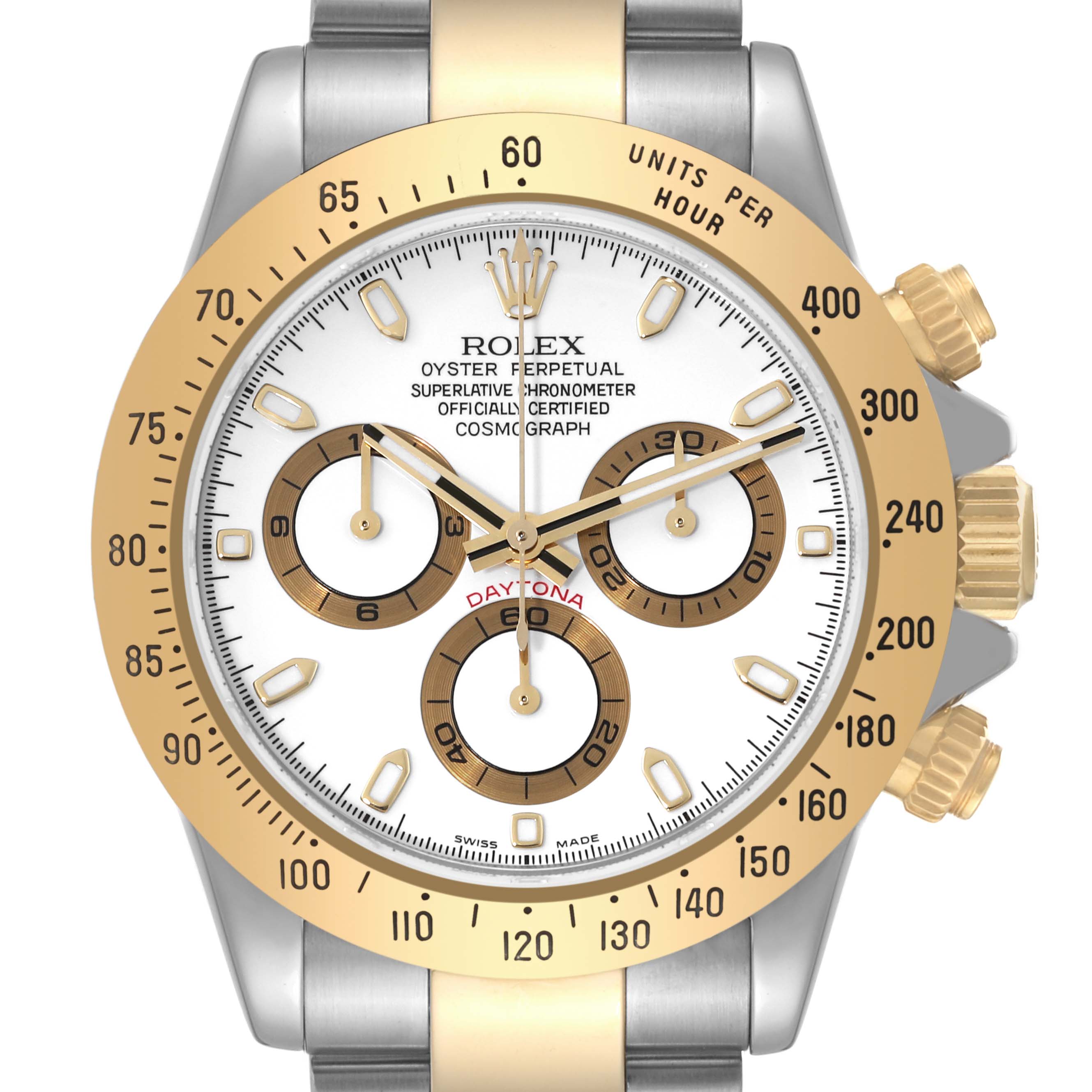 This is a front view of a Rolex Daytona 116523 Men
s Steel and Gold (two tone) White Dial 116523 Men
s Steel and Gold (two tone) White Dial watch, showcasing the dial, bezel, and side pushers.