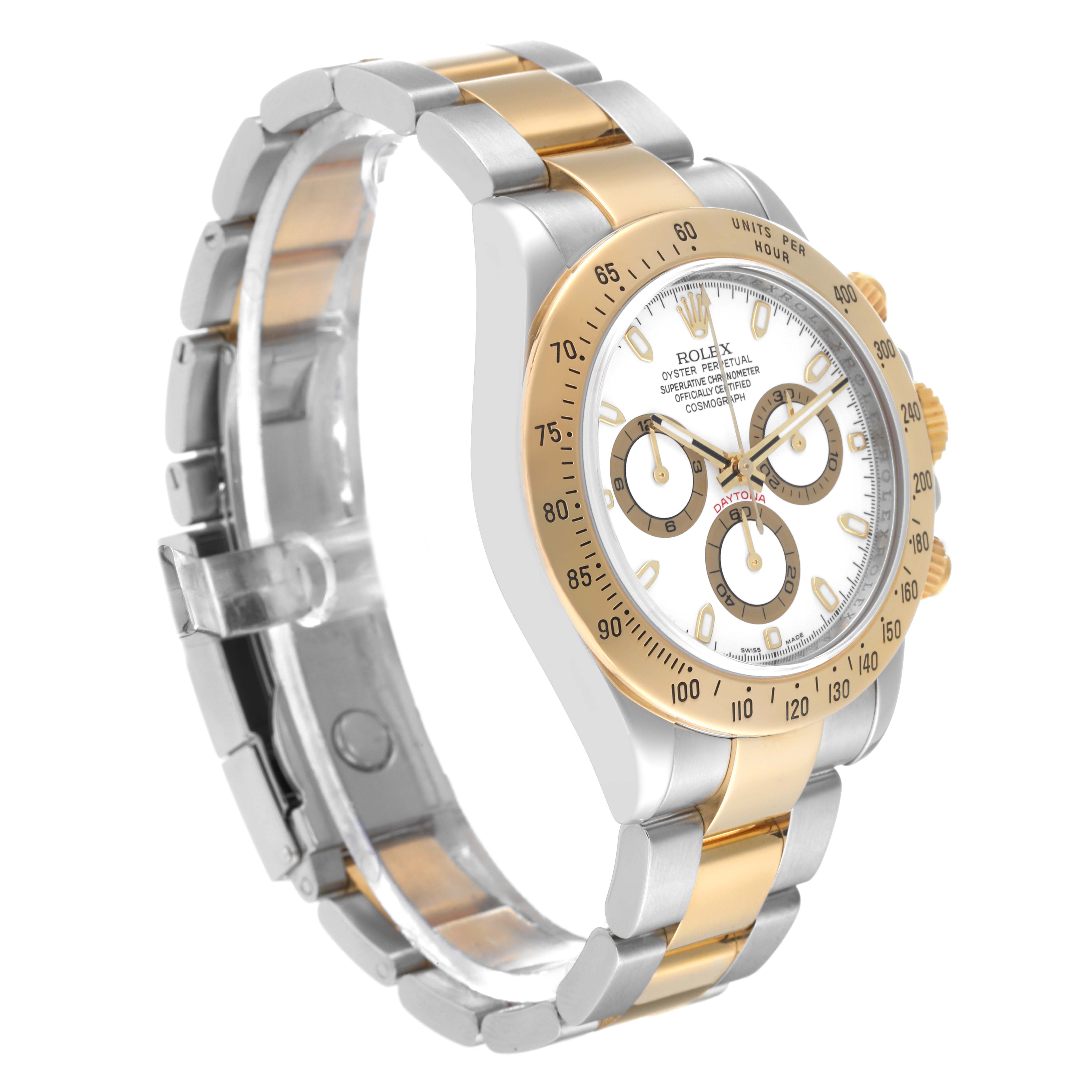 The Rolex Daytona 116523 Men
s Steel and Gold (two tone) White Dial 116523 Men
s Steel and Gold (two tone) White Dial watch is shown at a slight angle, highlighting its dial, bezel, and two-tone bracelet.