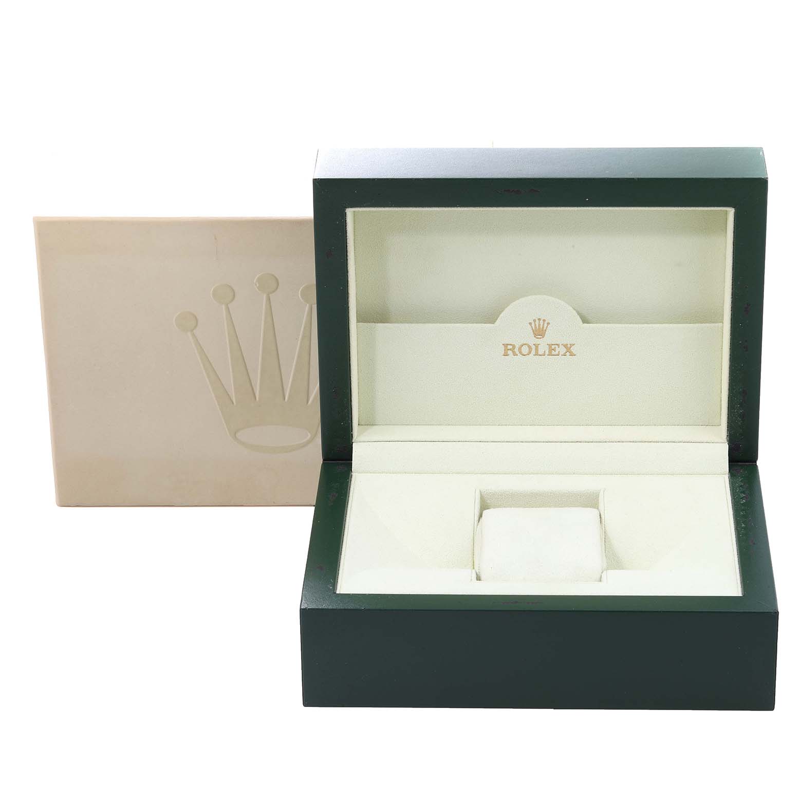 The image shows an opened Rolex Daytona 116523 Men
s Steel and Gold (two tone) White Dial 116523 Men
s Steel and Gold (two tone) White Dial watch box with the Rolex logo, featuring its green outer case and a beige inner compartment.