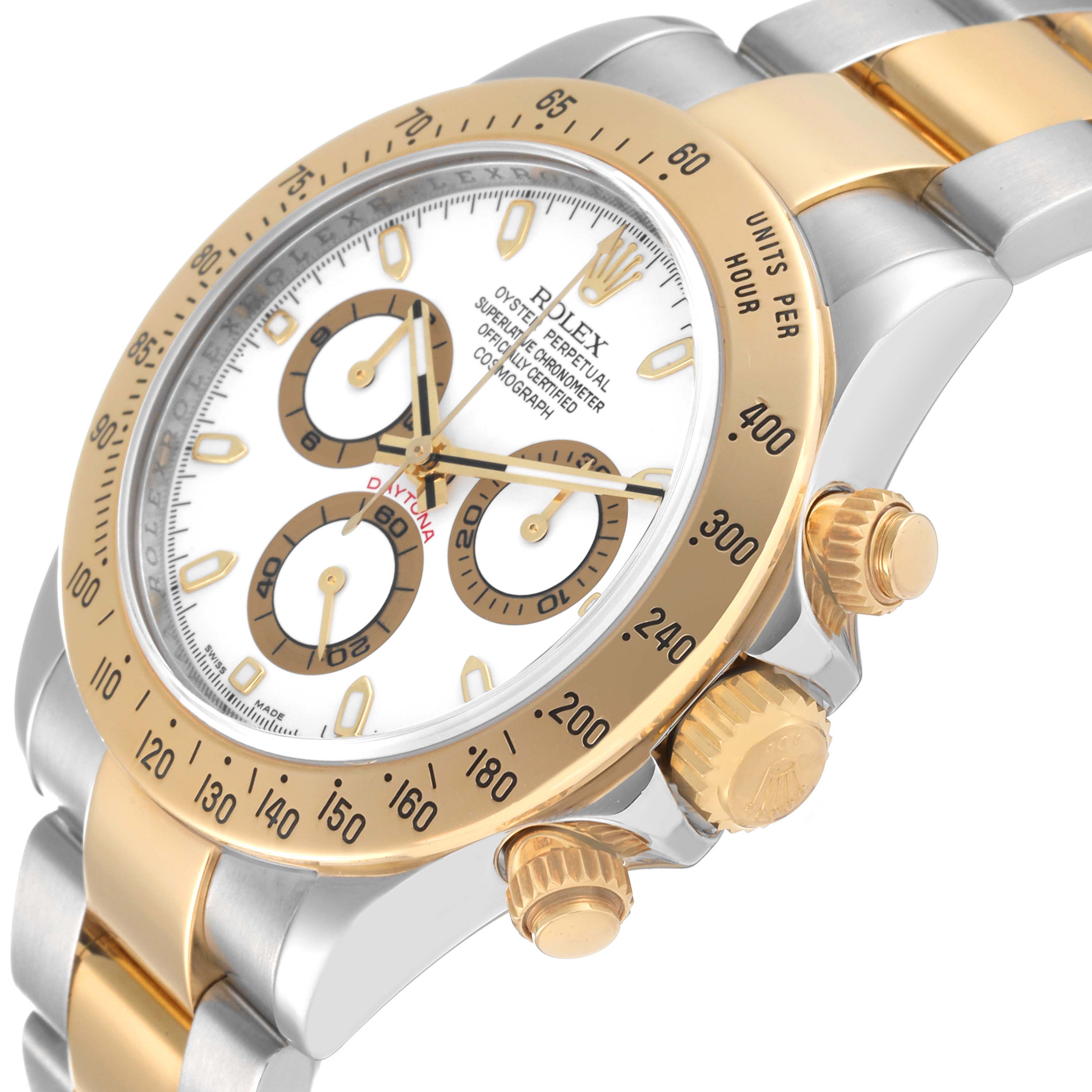 This image shows a close-up angle of a Rolex Daytona 116523 Men
s Steel and Gold (two tone) White Dial 116523 Men
s Steel and Gold (two tone) White Dial watch, highlighting the bezel, crown, and side buttons.