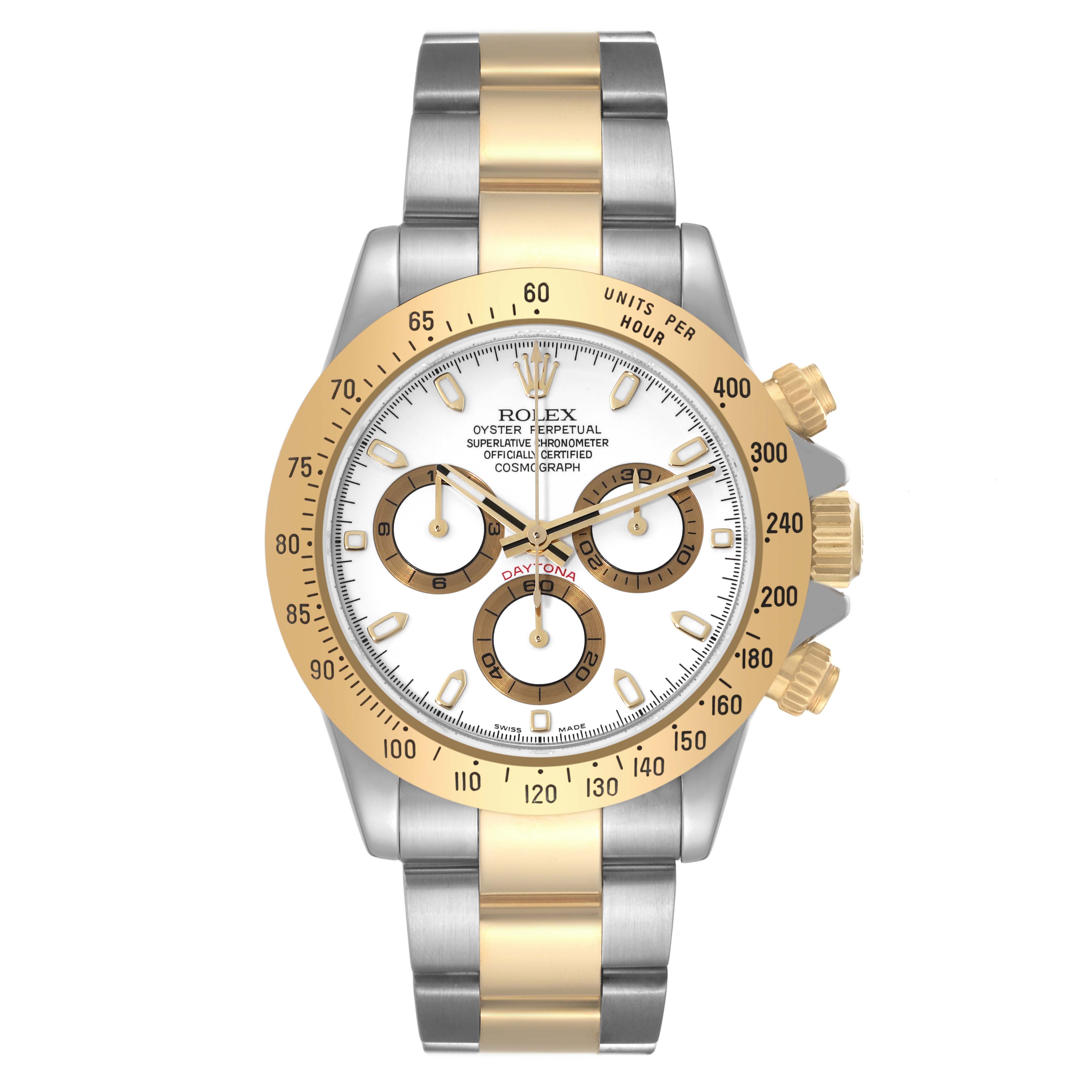 This is a front view of a Rolex Daytona 116523 Men
s Steel and Gold (two tone) White Dial 116523 Men
s Steel and Gold (two tone) White Dial watch, showcasing its dial, bezel, pushers, and two-tone bracelet.