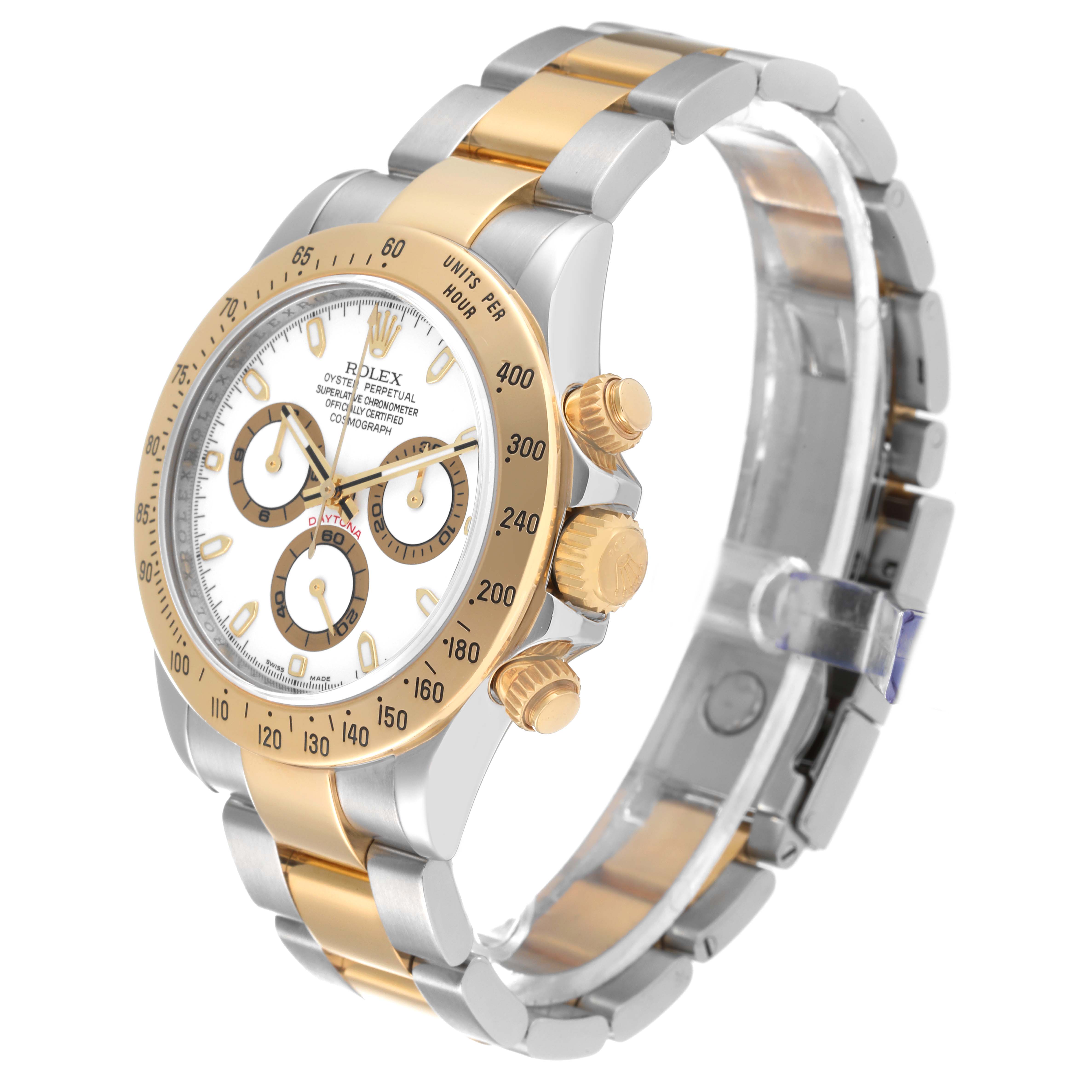The Rolex Daytona 116523 Men
s Steel and Gold (two tone) White Dial 116523 Men
s Steel and Gold (two tone) White Dial watch is shown from a three-quarter angle displaying its face, bezel, and bracelet.