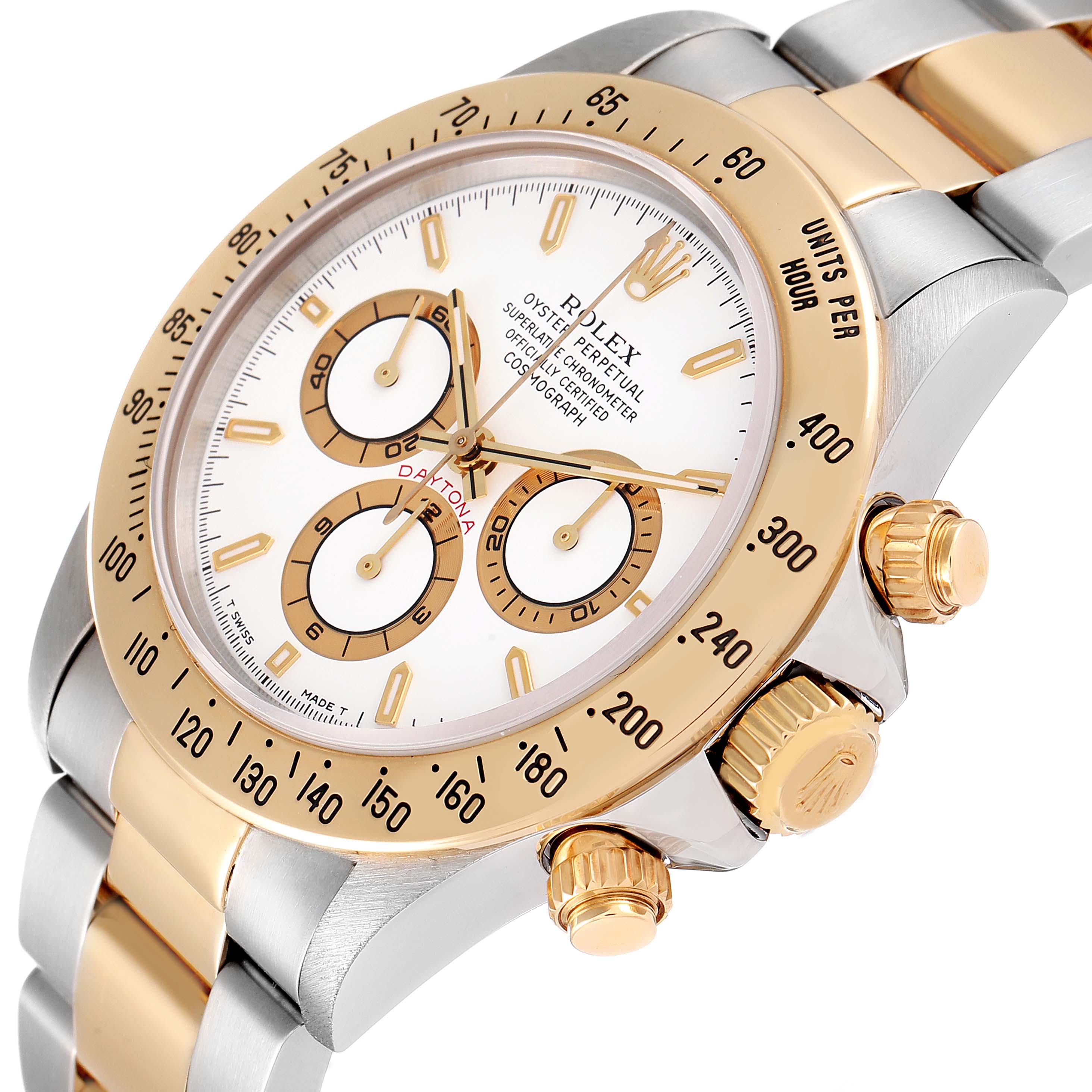 The image shows a close-up angled view of a Rolex Daytona 16523 Men
s Steel and Gold (two tone) White Dial 16523 Men
s Steel and Gold (two tone) White Dial watch, highlighting the bezel, dial, pushers, and part of the bracelet.