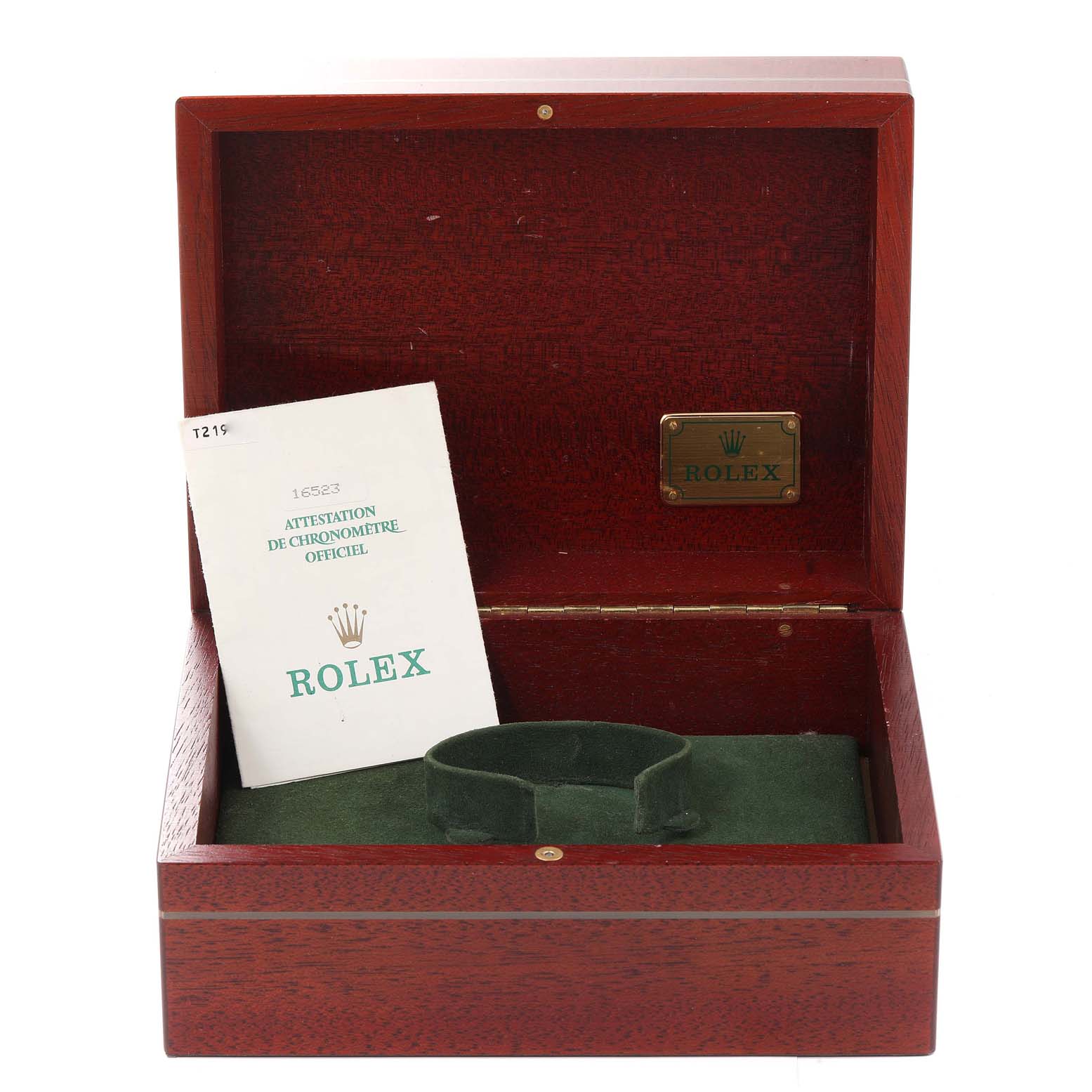 The image shows an open wooden Rolex Daytona 16523 Men
s Steel and Gold (two tone) White Dial 16523 Men
s Steel and Gold (two tone) White Dial watch box with a green cushion and a certificate booklet inside.