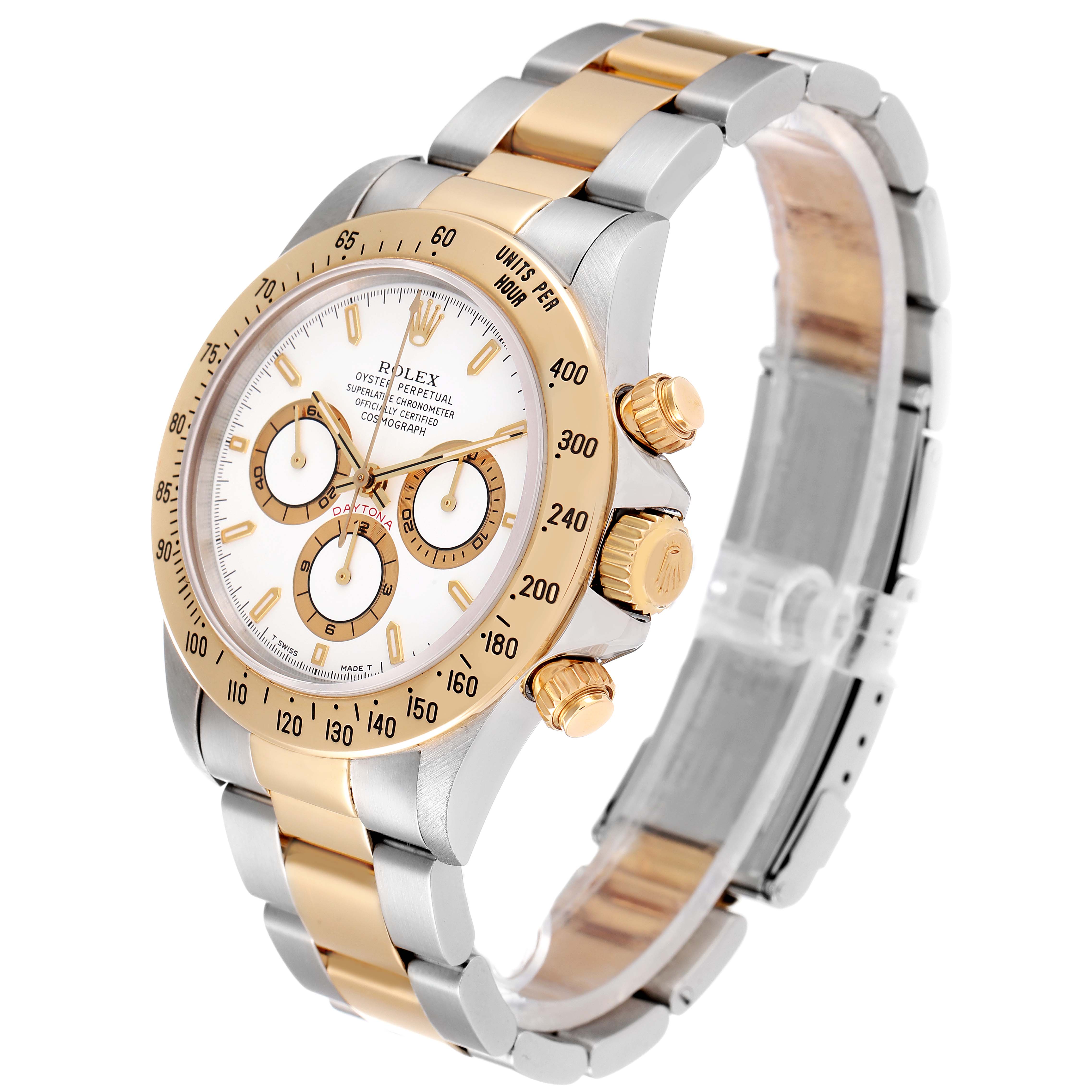 The image shows a Rolex Daytona 16523 Men
s Steel and Gold (two tone) White Dial 16523 Men
s Steel and Gold (two tone) White Dial watch angled to display the face, bezel, and dual-tone bracelet.