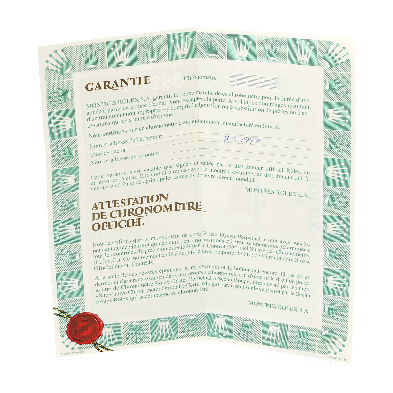 The image shows a guarantee and official chronometer certification documents for a Rolex Daytona 16523 Men
s Steel and Gold (two tone) White Dial 16523 Men
s Steel and Gold (two tone) White Dial watch.