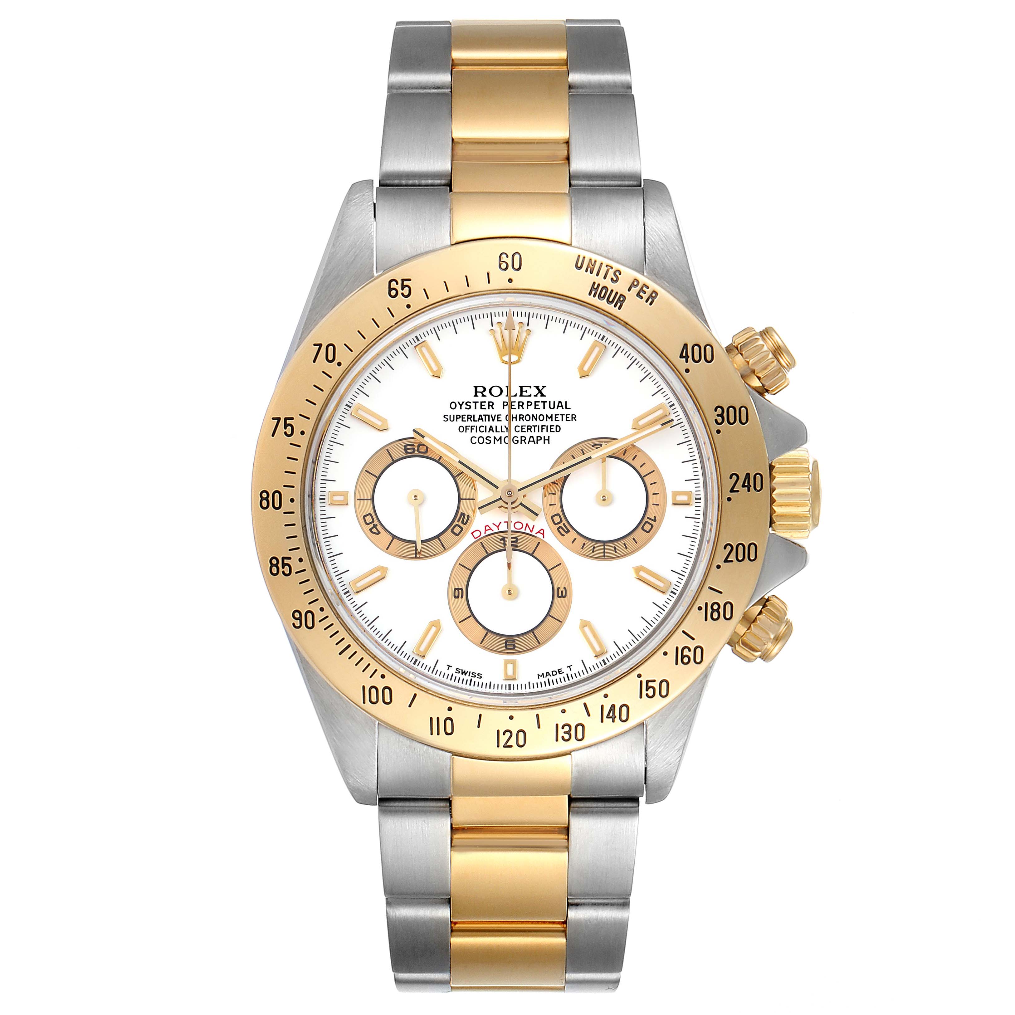 This image shows a front view of the Rolex Daytona 16523 Men
s Steel and Gold (two tone) White Dial 16523 Men
s Steel and Gold (two tone) White Dial watch, highlighting its dial, bezel, and bracelet.