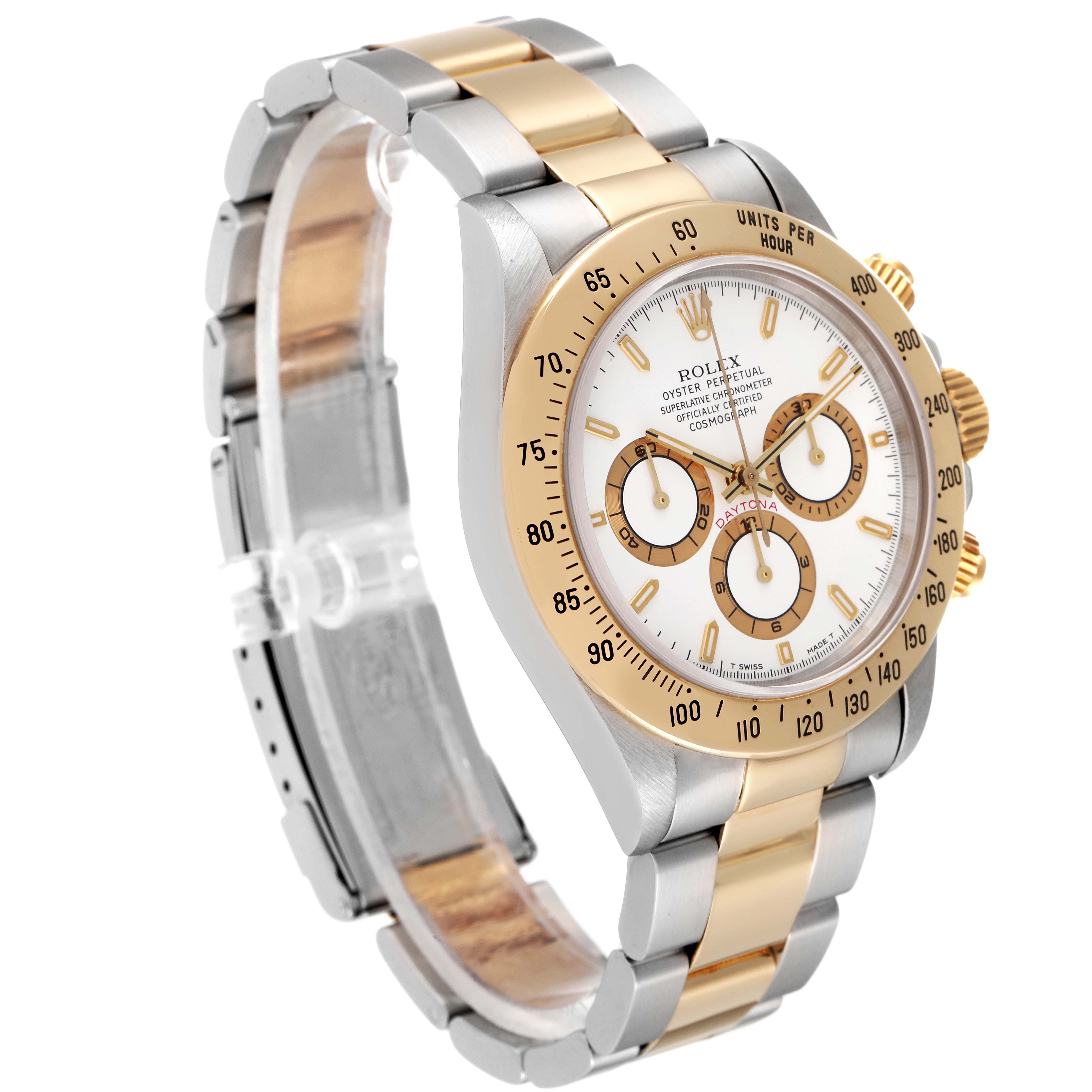 The image shows a side angle of a Rolex Daytona 16523 Men
s Steel and Gold (two tone) White Dial 16523 Men
s Steel and Gold (two tone) White Dial watch, highlighting its dial, bezel, band, and crown.