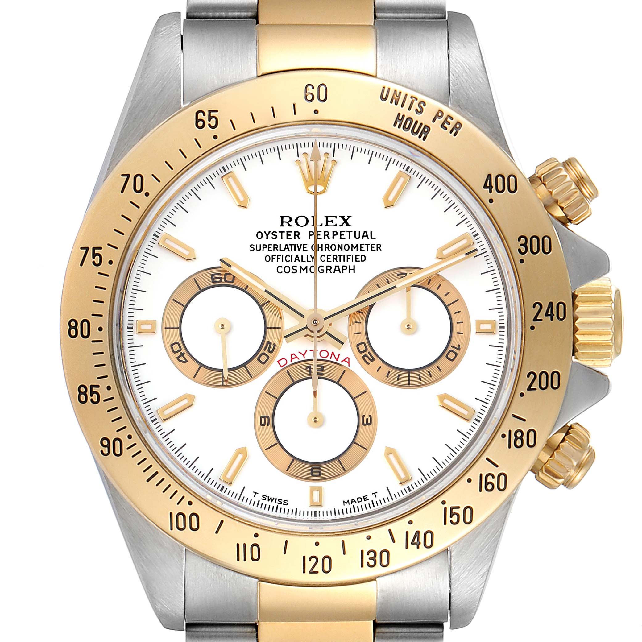 This image shows a front view of a Rolex Daytona 16523 Men
s Steel and Gold (two tone) White Dial 16523 Men
s Steel and Gold (two tone) White Dial watch, highlighting its dial, bezels, subdials, and crown.