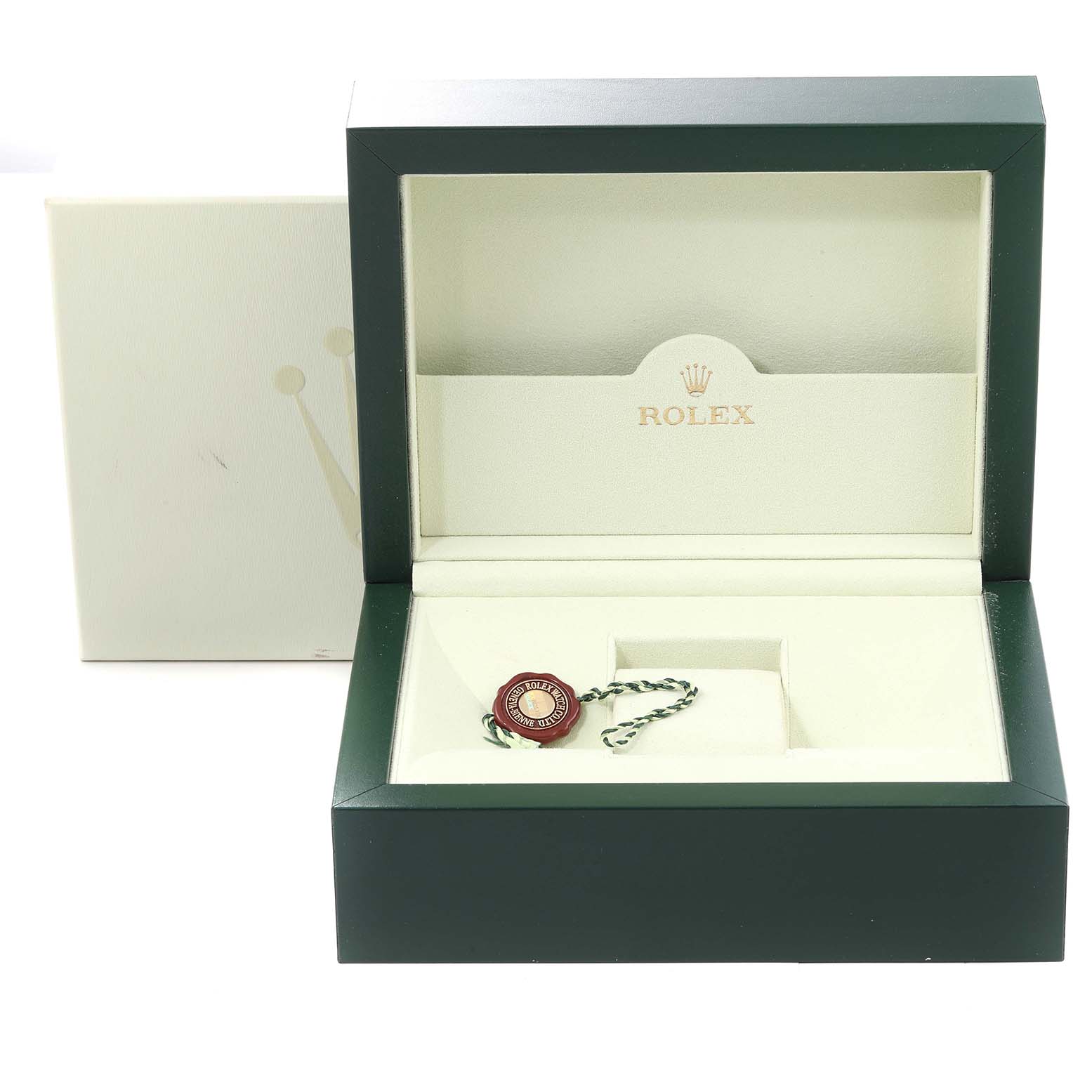 The image shows an open Rolex Daytona 116509 Men's White Gold Silver Dial 116509 Men's White Gold Silver Dial watch box, featuring the logo and a green and white tag.