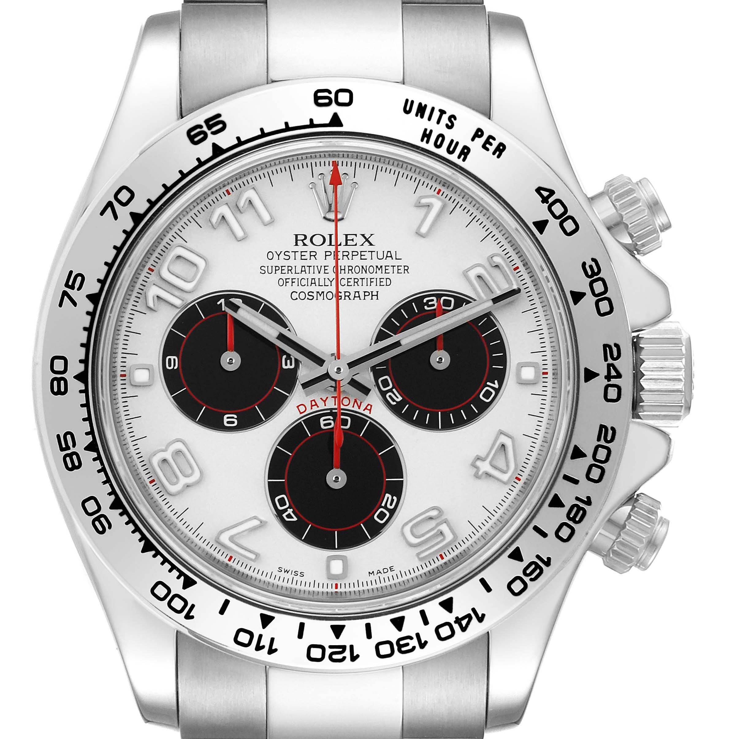 This image shows a front angle of the Rolex Daytona 116509 Men's White Gold Silver Dial 116509 Men's White Gold Silver Dial watch, highlighting the dial, three sub-dials, and bezel.