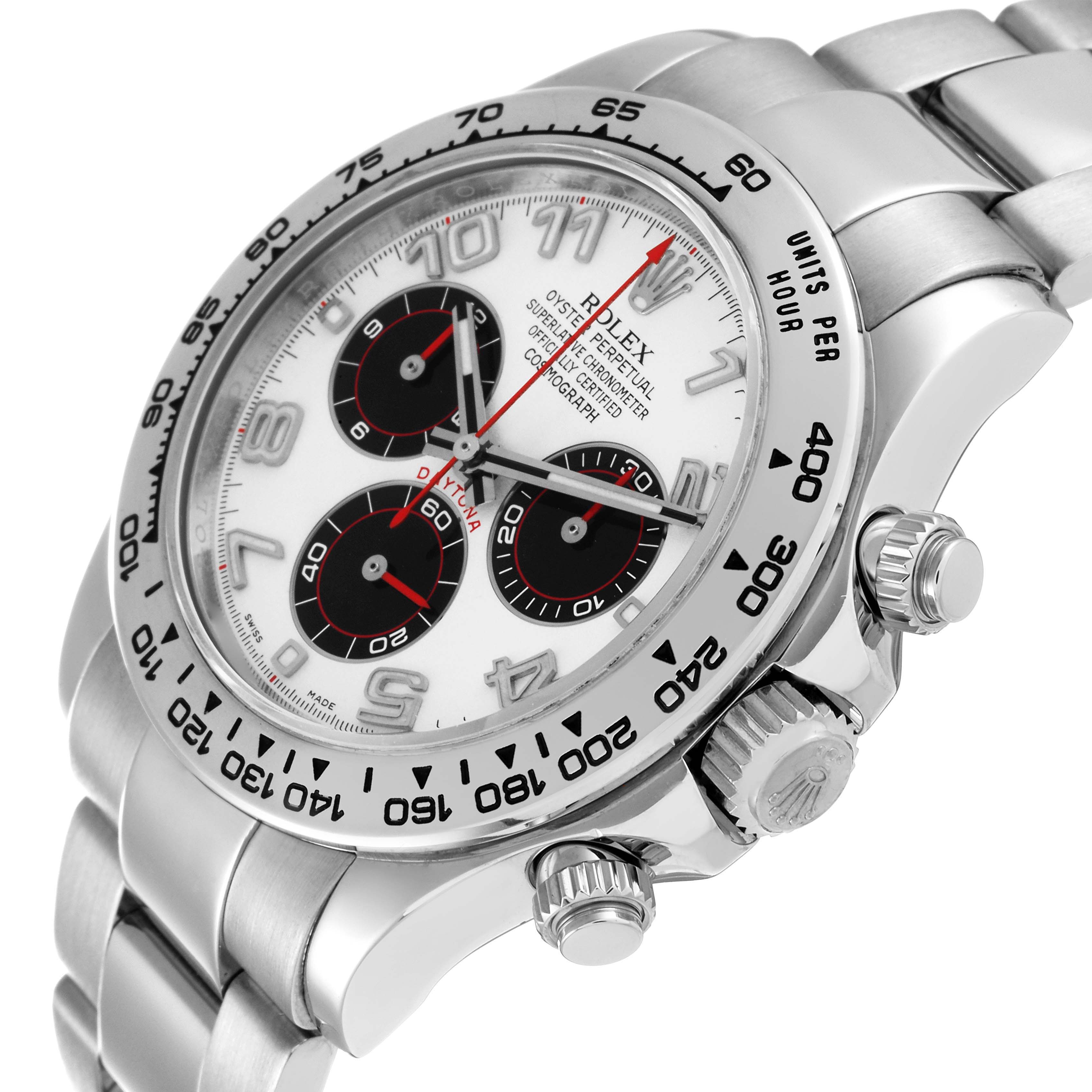 A Rolex Daytona 116509 Men's White Gold Silver Dial 116509 Men's White Gold Silver Dial watch is shown at an angle highlighting the dial, bezel, and side pushers.