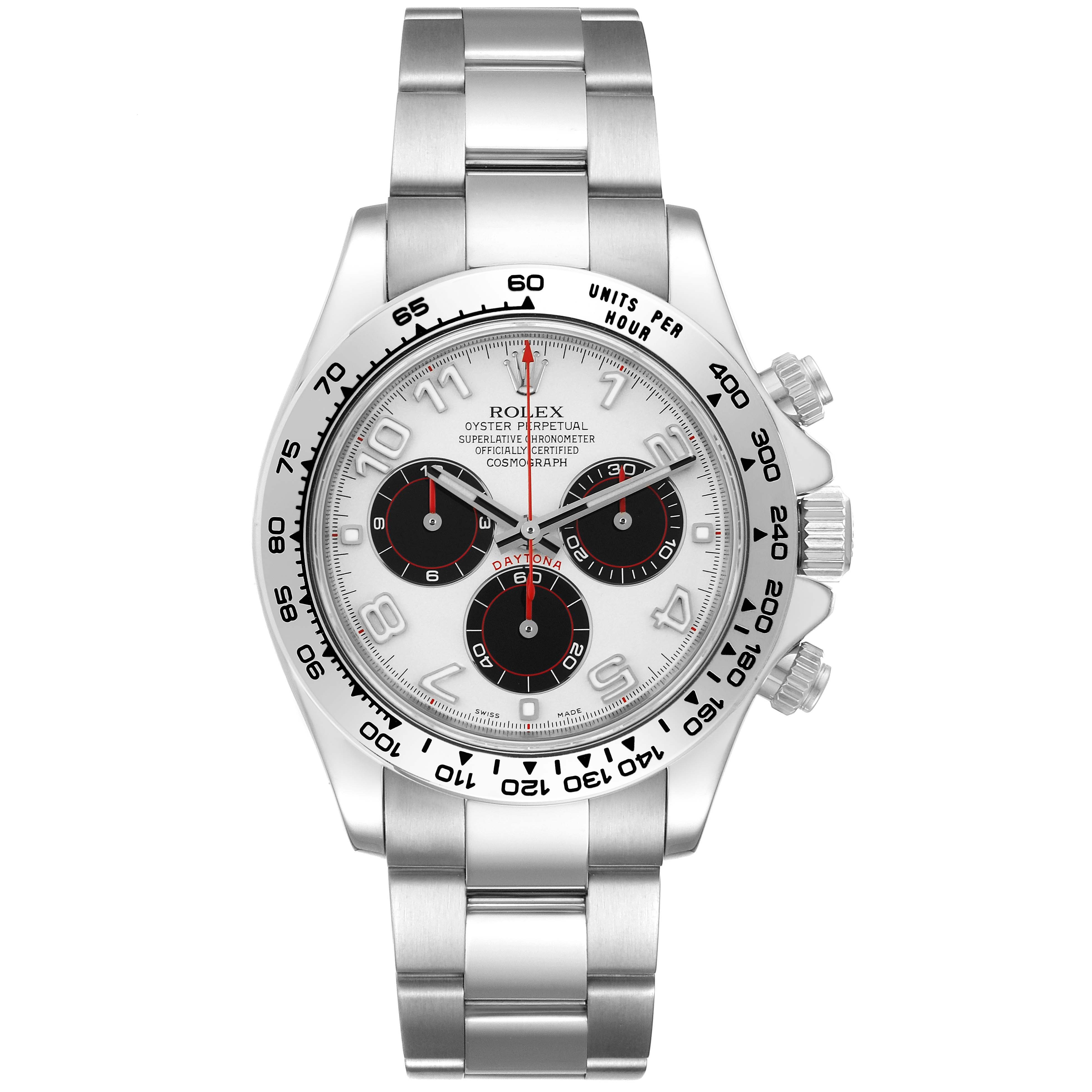 The image shows a front view of a Rolex Daytona 116509 Men's White Gold Silver Dial 116509 Men's White Gold Silver Dial watch, displaying its face, bezel, and bracelet.
