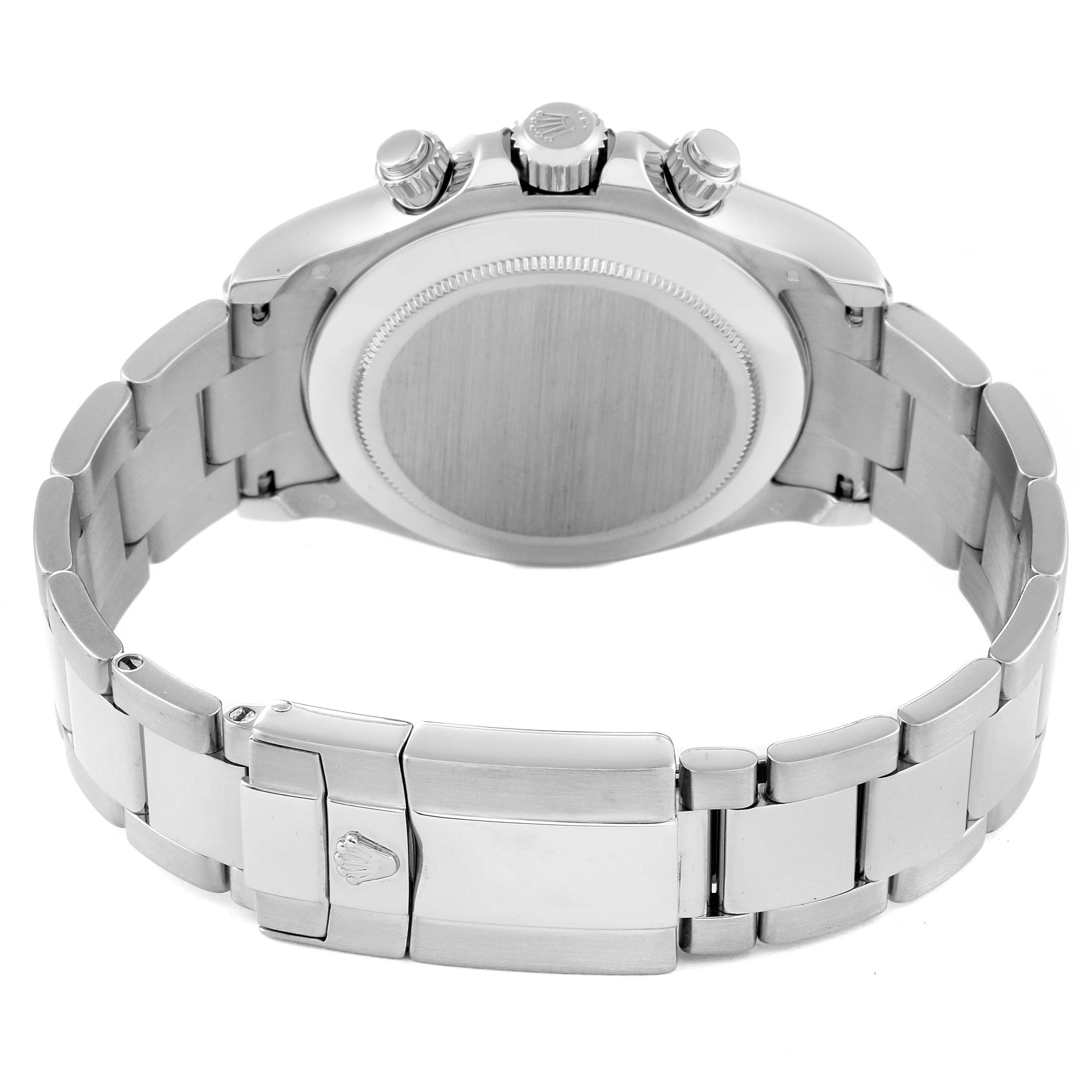 This image shows the back and bracelet of the Rolex Daytona 116509 Men's White Gold Silver Dial 116509 Men's White Gold Silver Dial watch with the clasp and crown clearly visible.