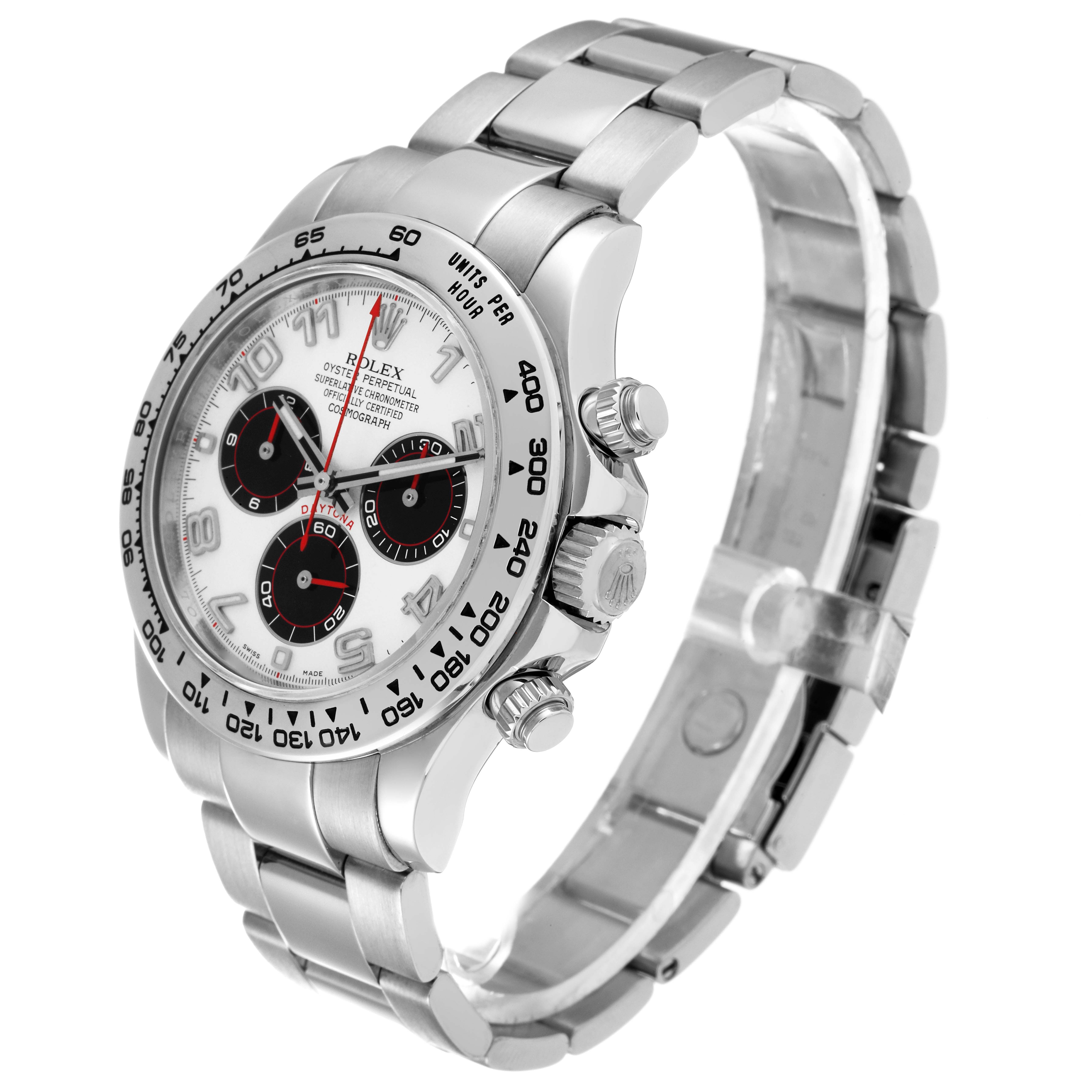 The image shows a side view of a Rolex Daytona 116509 Men's White Gold Silver Dial 116509 Men's White Gold Silver Dial watch, displaying its bracelet, bezel, dial, sub-dials, and crown.