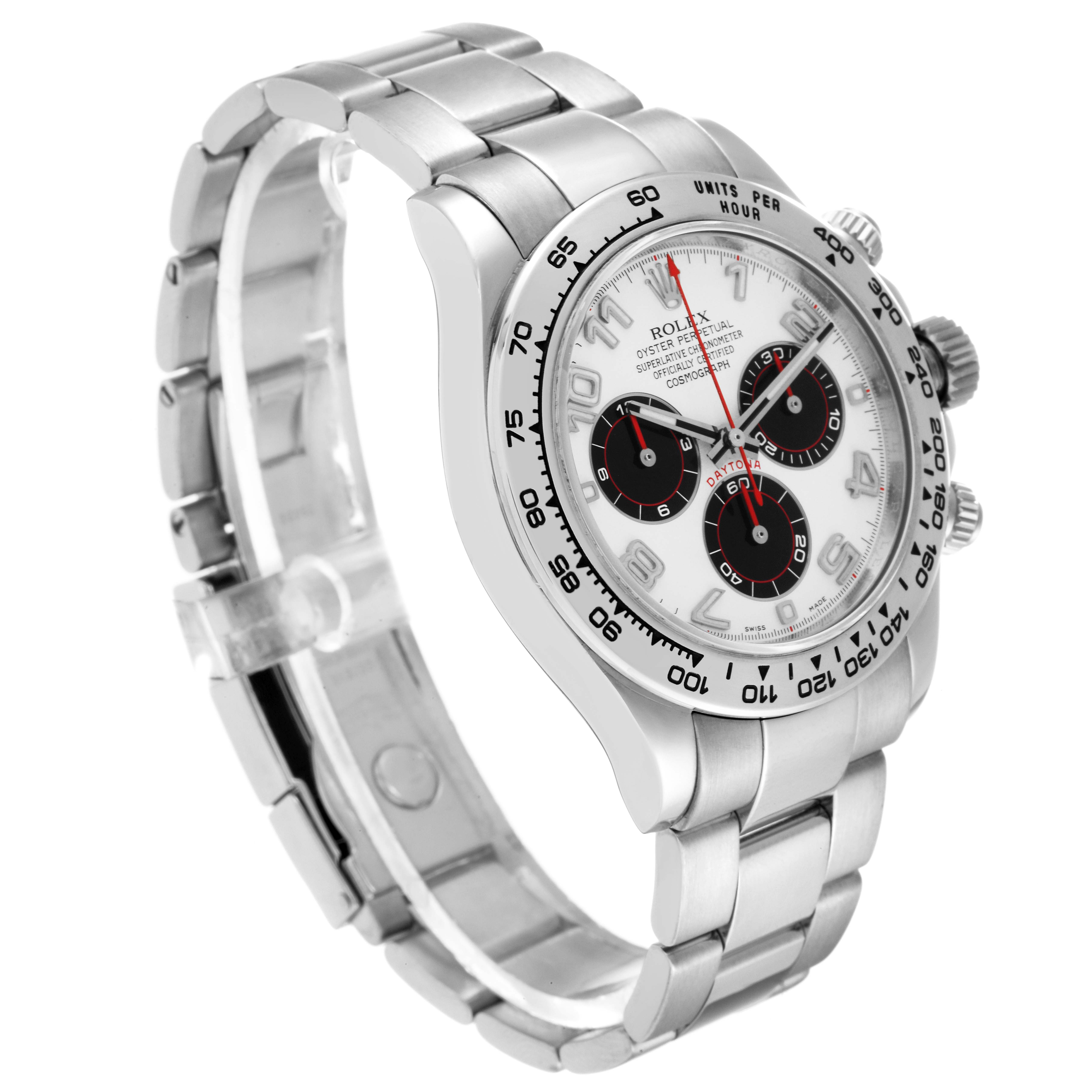 The Rolex Daytona 116509 Men's White Gold Silver Dial 116509 Men's White Gold Silver Dial watch is shown at a three-quarter angle, highlighting the bracelet, bezel, and dial with subdials.