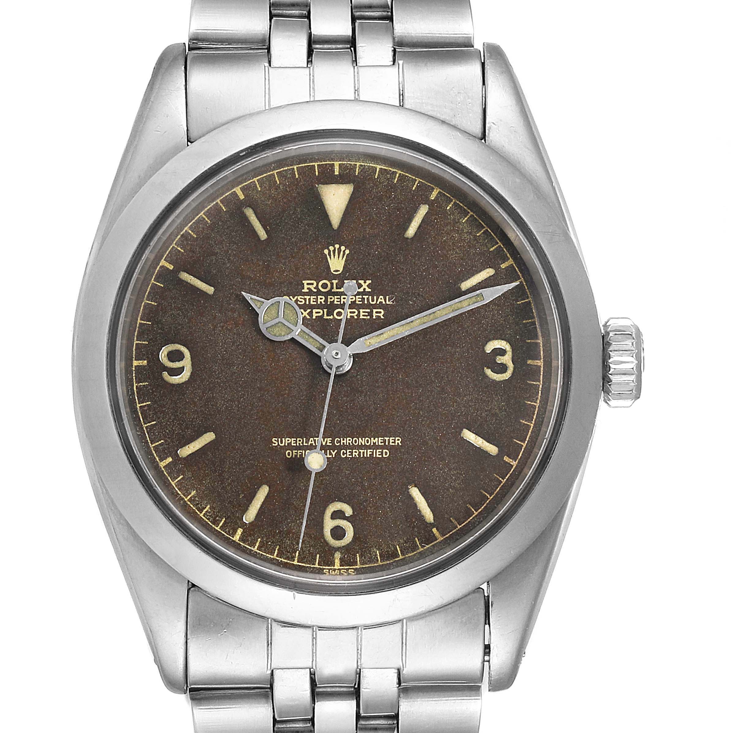 This image shows a front view of the Rolex Vintage Collection 1016 Men
s Stainless Steel  1016 Men
s Stainless Steel  Explorer model, displaying the watch face and part of the metal bracelet.