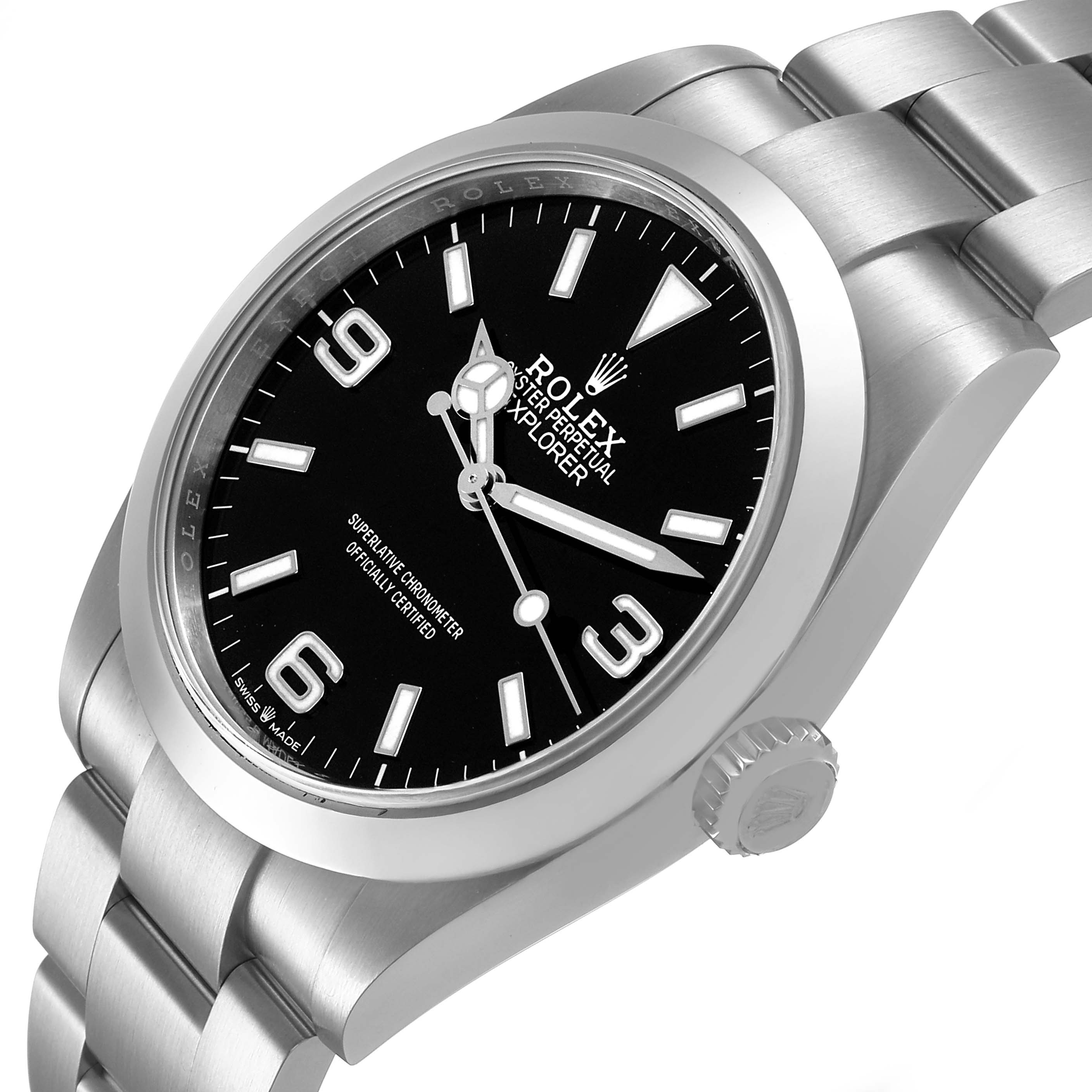 The Rolex Explorer 224270 Men's Stainless Steel Black Dial watch is shown at an angled side view, displaying the black dial, bezel, case, crown, and bracelet.