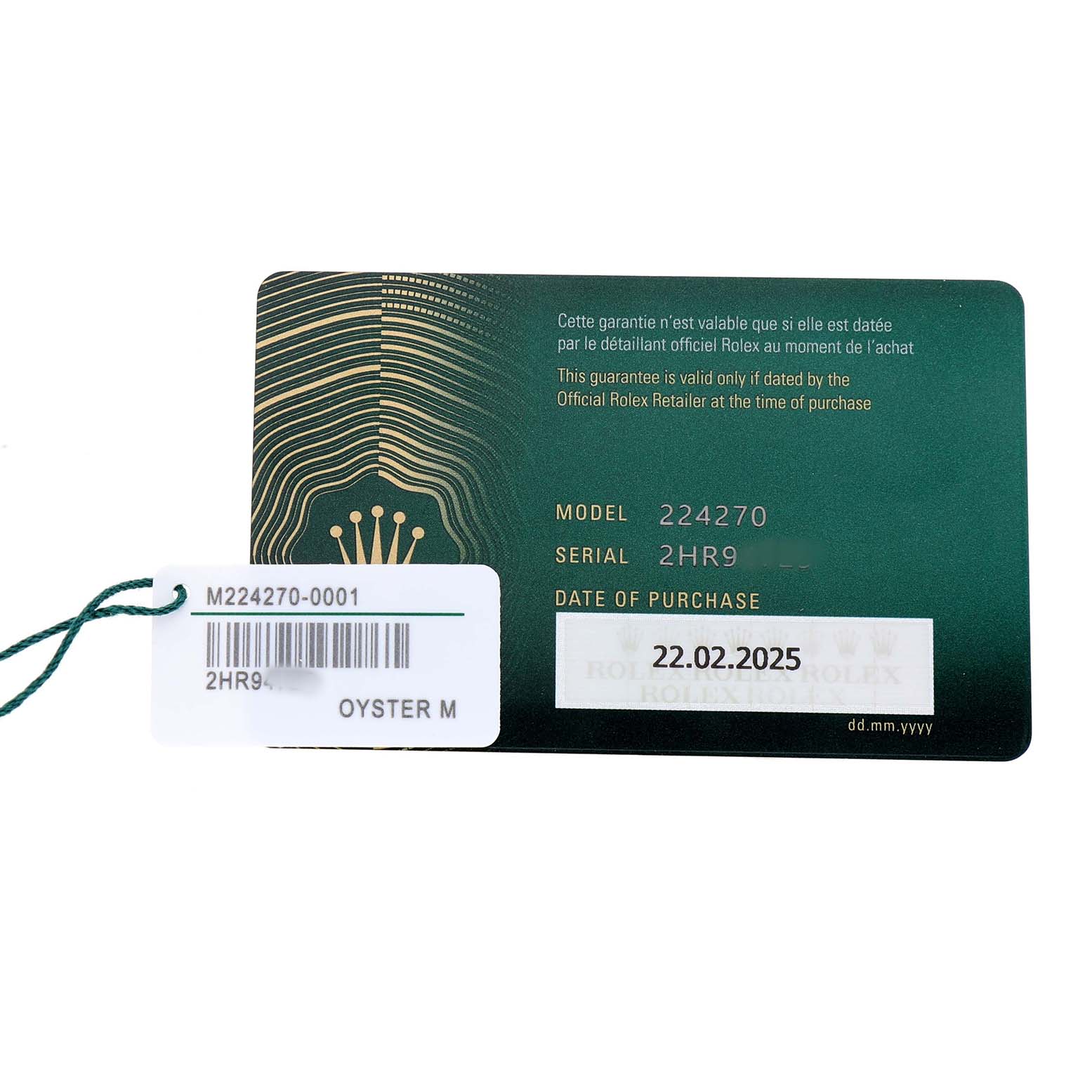 The image shows a warranty card and tag for a Rolex Explorer 224270 Men's Stainless Steel Black Dial model, with model, serial number, and purchase date details visible.