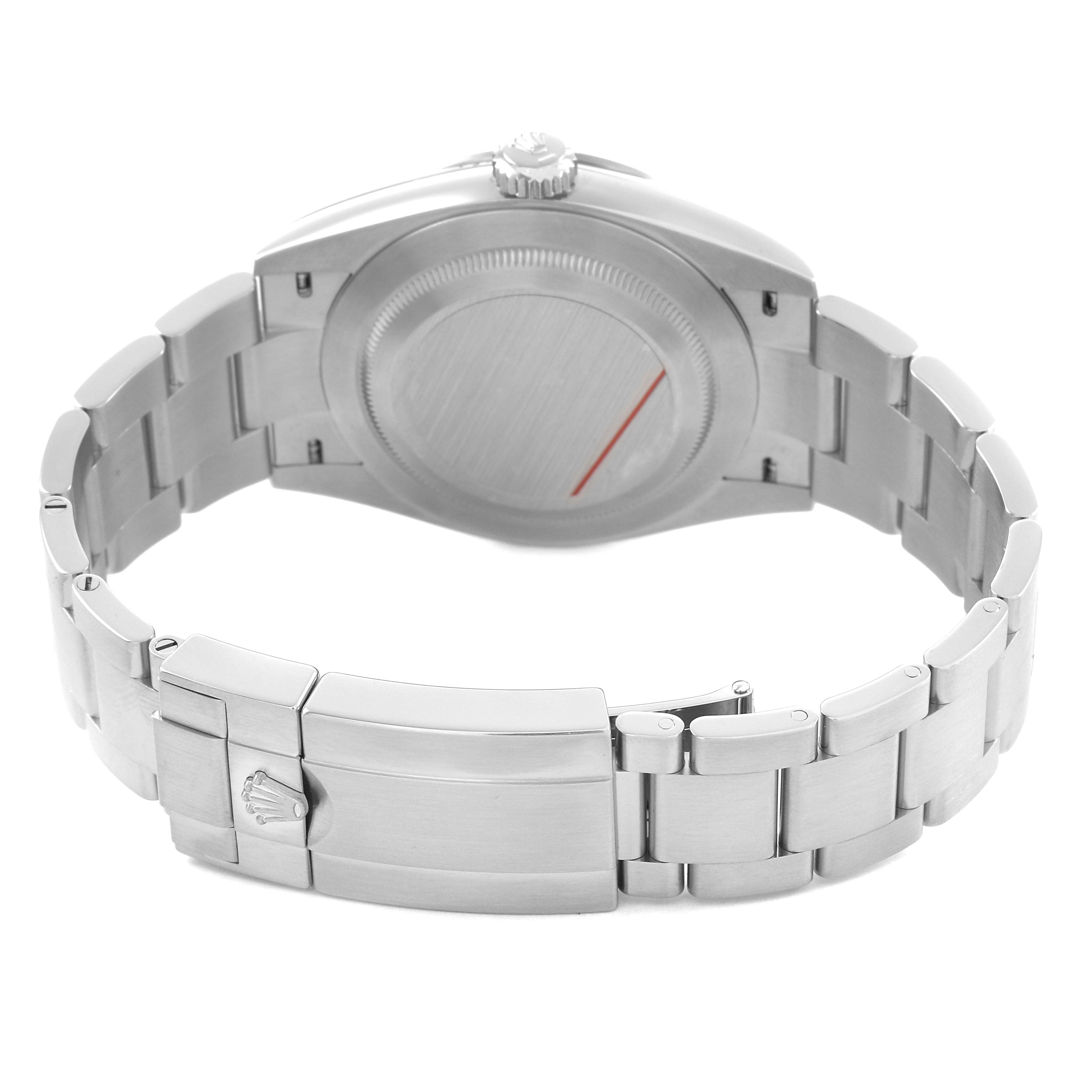 The image shows the back of a Rolex Explorer 224270 Men's Stainless Steel Black Dial watch, focusing on the stainless steel bracelet, clasp, and case back.