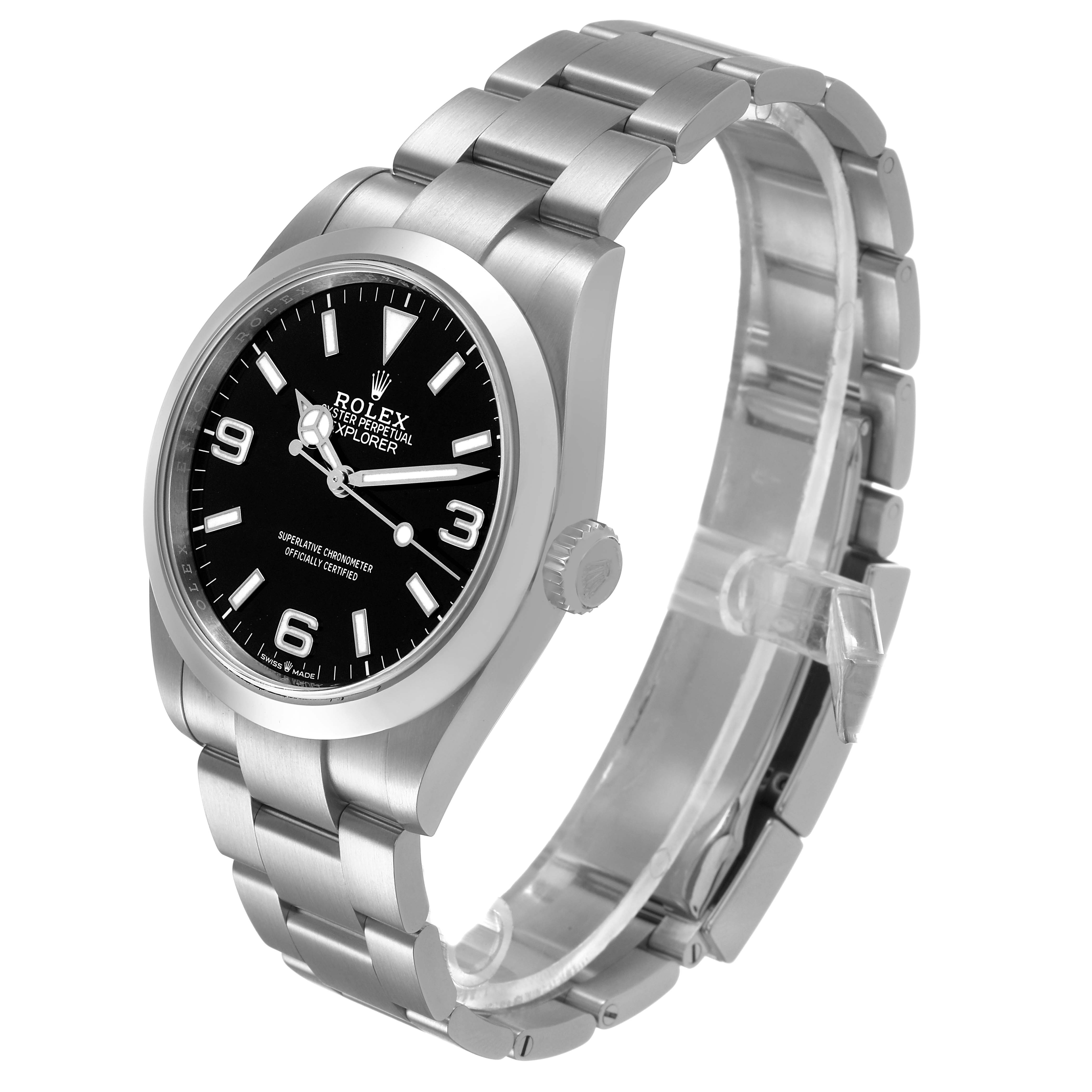 The Rolex Explorer 224270 Men's Stainless Steel Black Dial watch is shown at a three-quarter angle, displaying the dial, bezel, bracelet, and crown.
