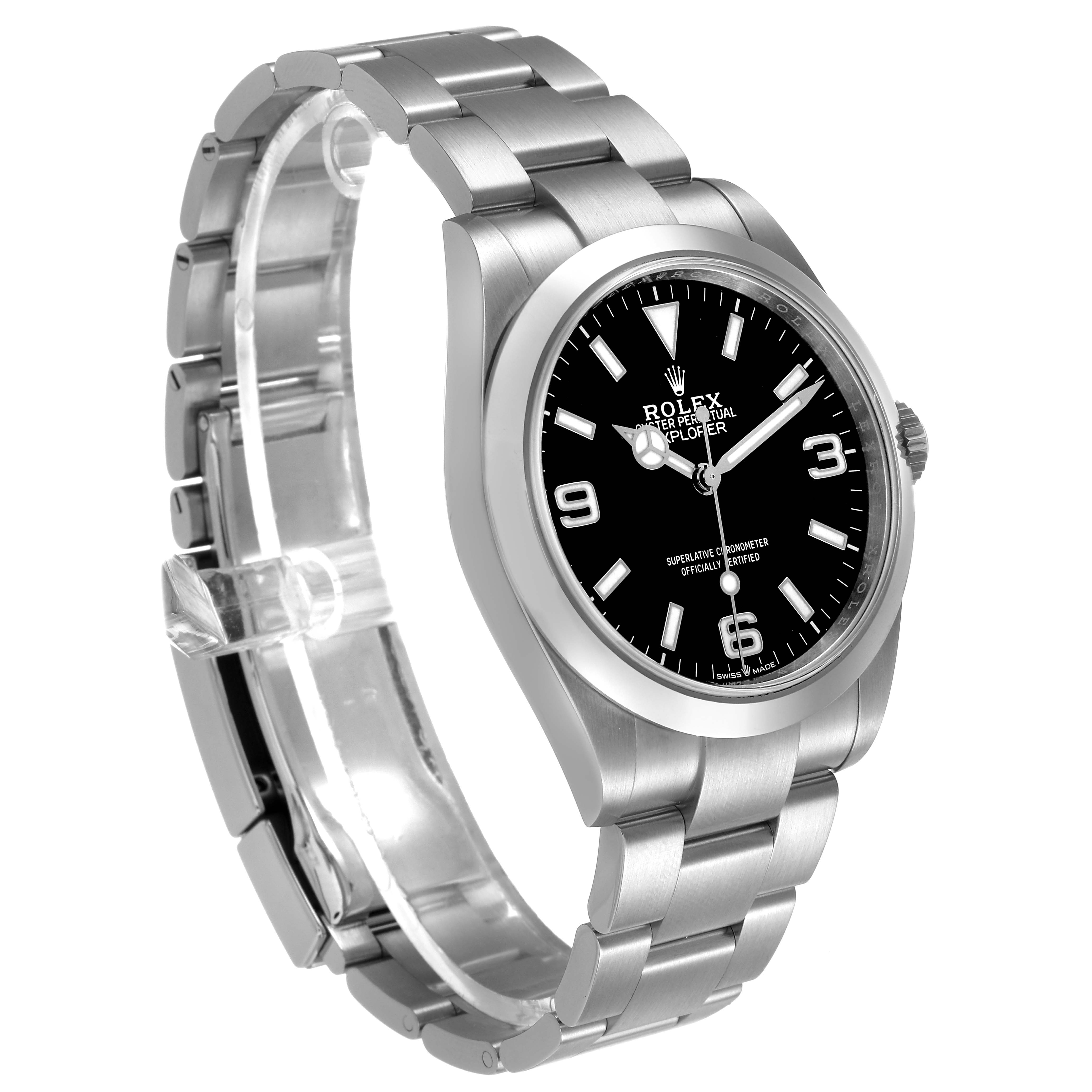 The Rolex Explorer 224270 Men's Stainless Steel Black Dial watch is shown at a slight angle, highlighting the face, bezel, bracelet, and crown.