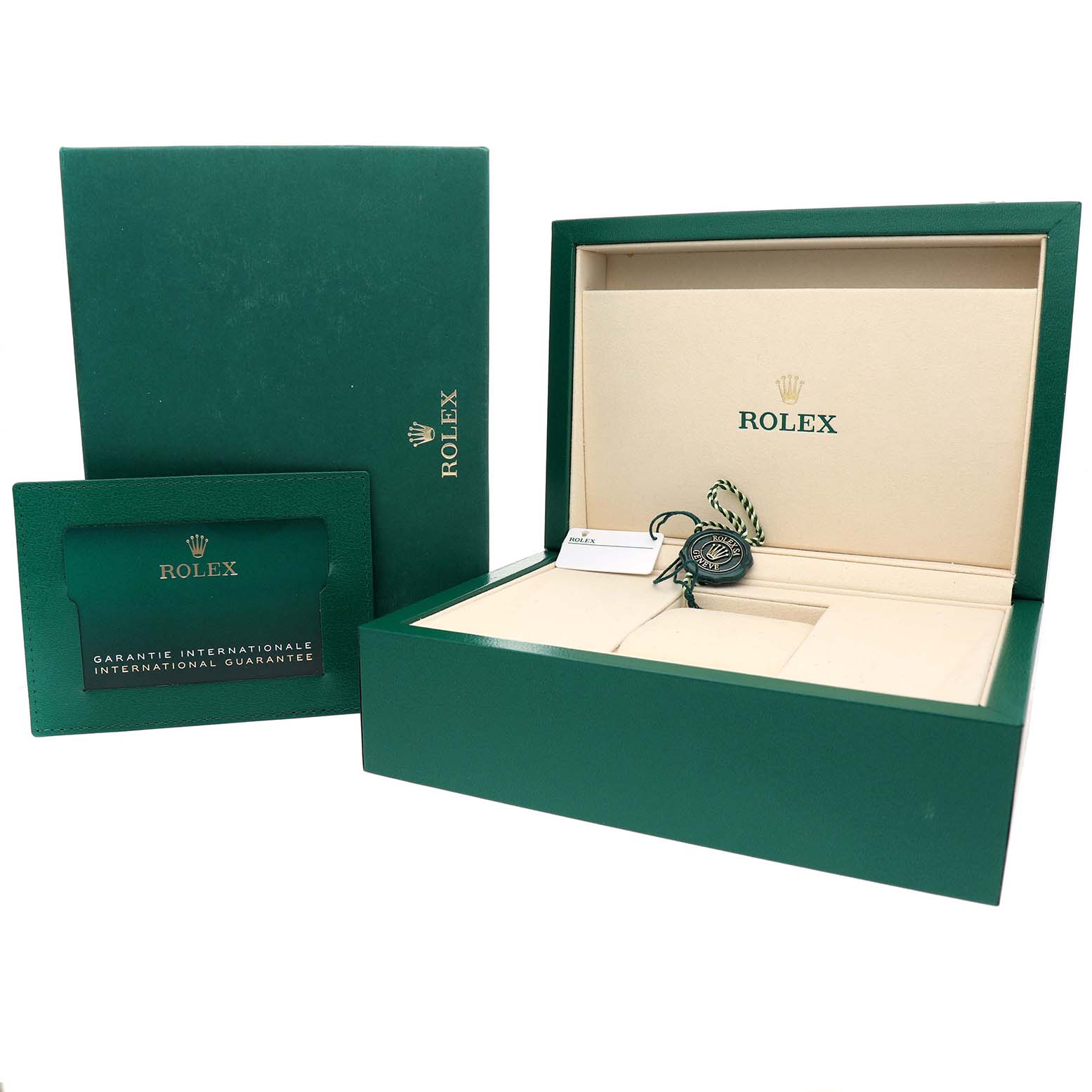 The image shows a Rolex Explorer 224270 Men's Stainless Steel Black Dial watch box with a guarantee card and tags displayed from the front angle.