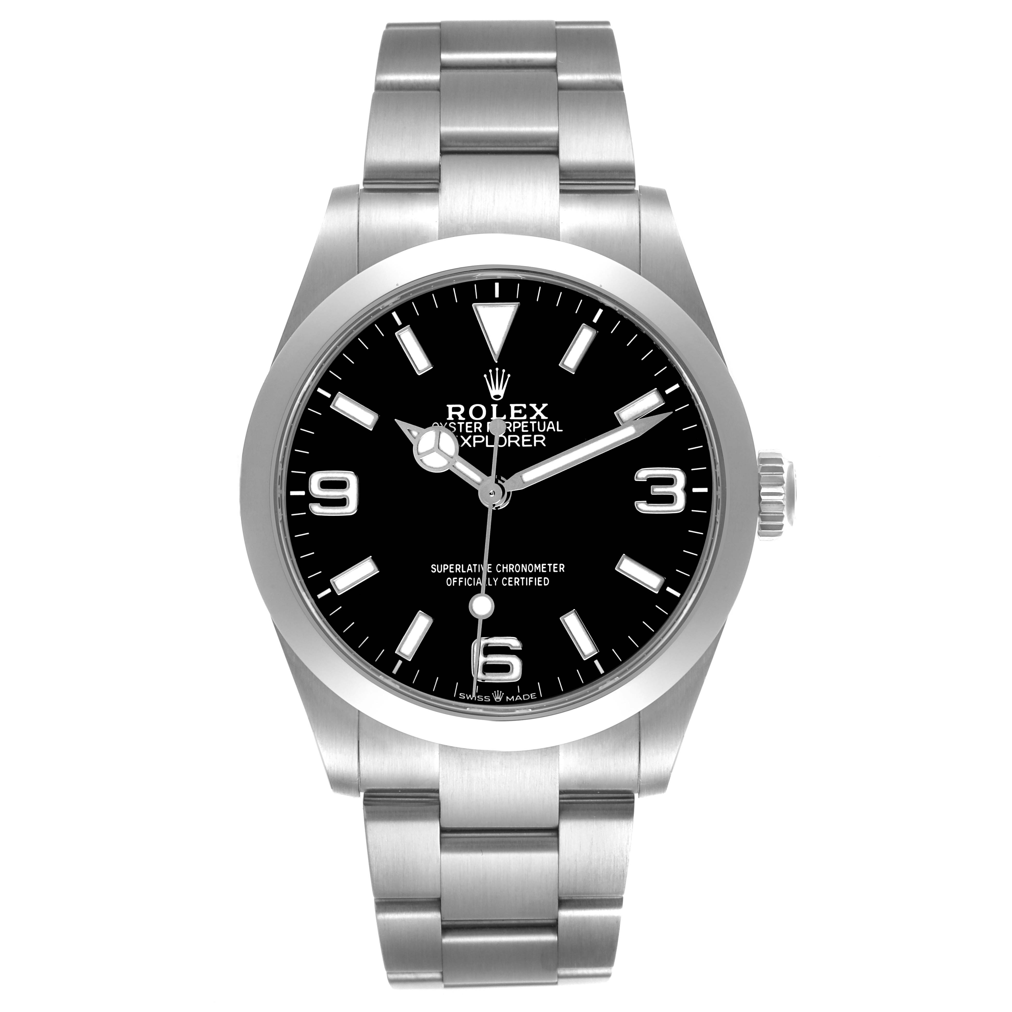 The Rolex Explorer 224270 Men's Stainless Steel Black Dial watch is shown from the front, displaying the dial, bezel, bracelet, and crown.