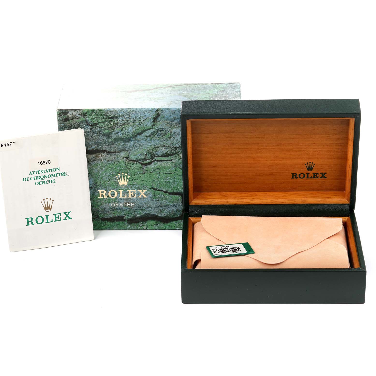 This image shows the packaging, box, and manual for a Rolex Explorer 16570 Men's Stainless Steel White Dial 16570 Men's Stainless Steel White Dial watch, including the outer box, inner wooden box, and documents.