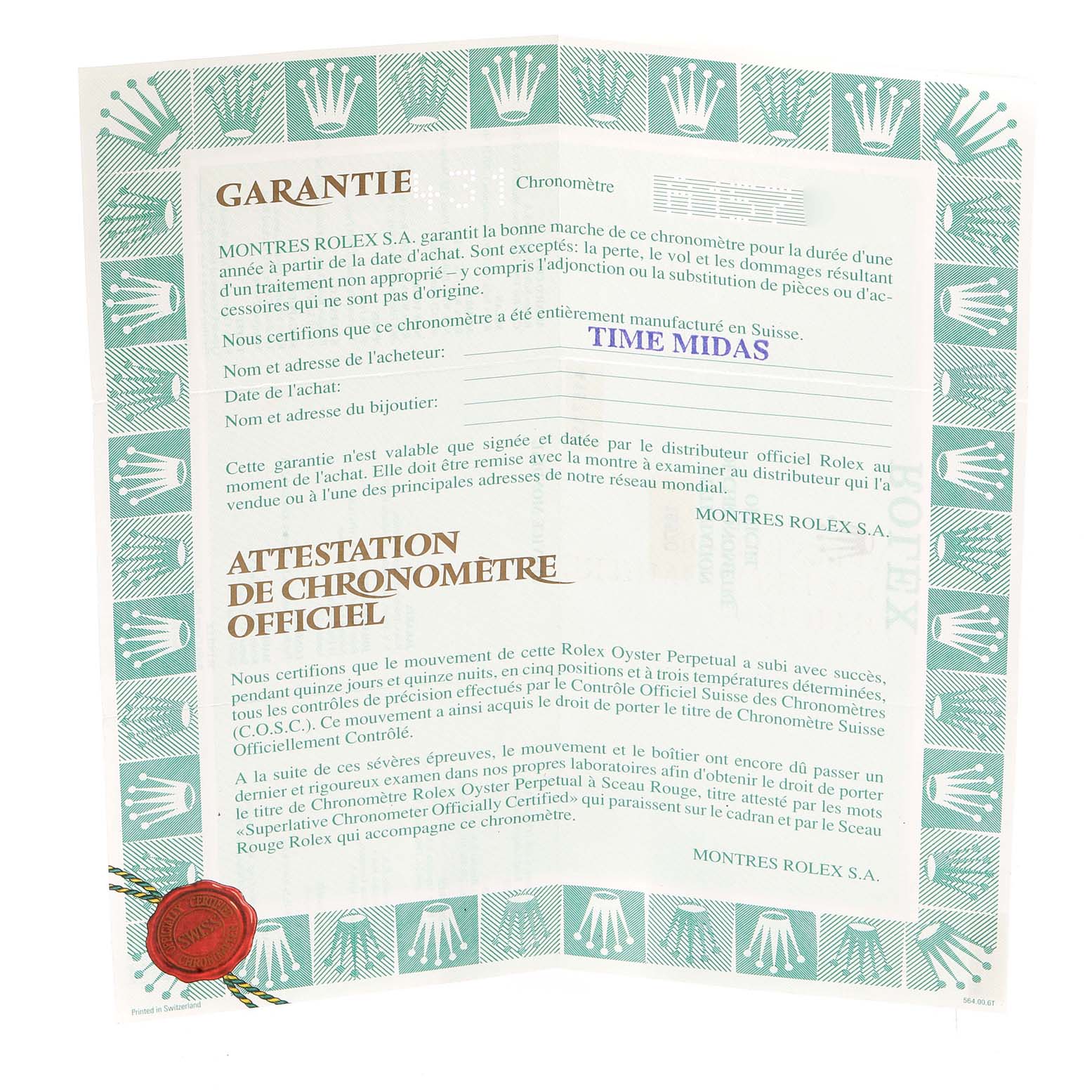 The image shows the official chronometer certification and warranty card for the Rolex Explorer 16570 Men's Stainless Steel White Dial 16570 Men's Stainless Steel White Dial model.