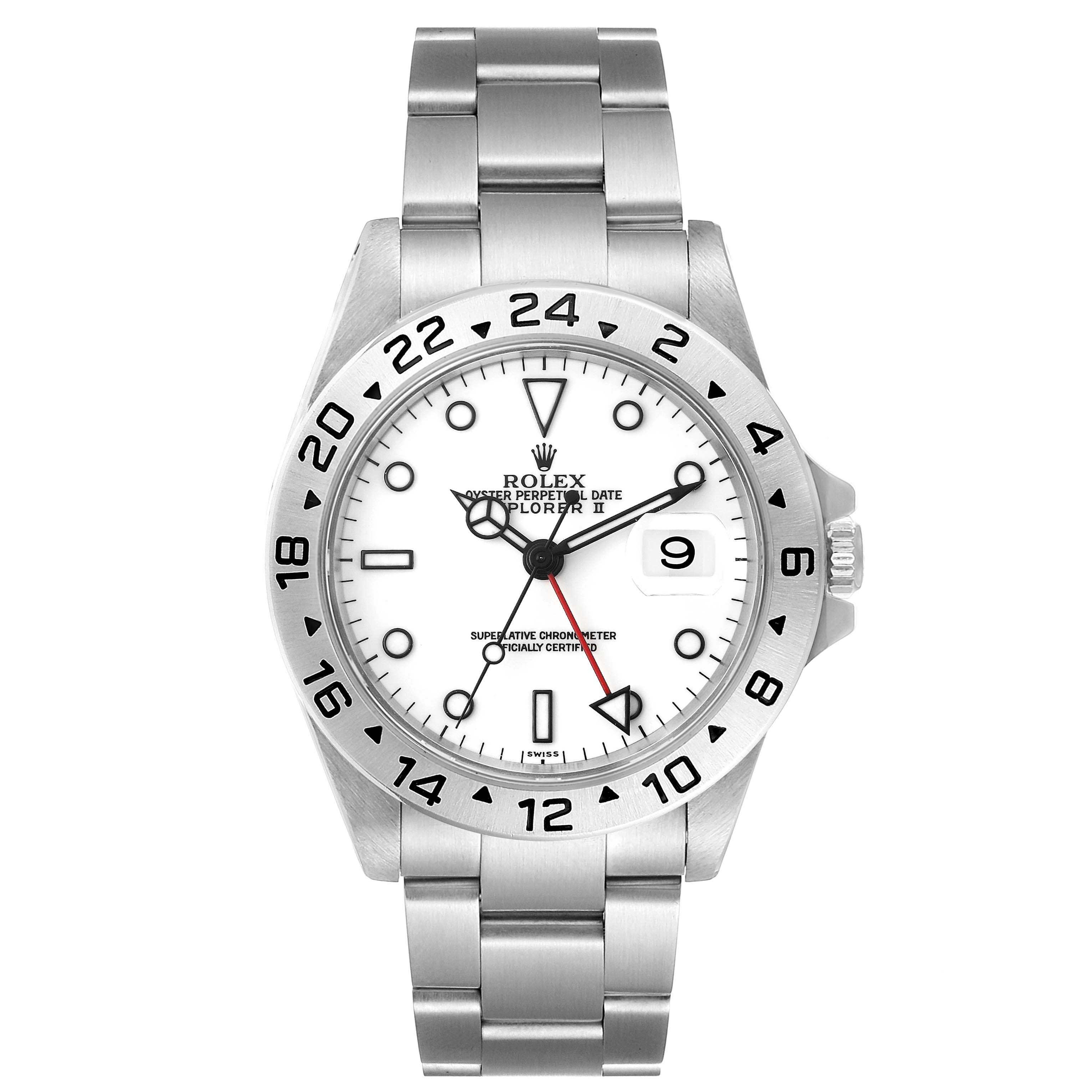 This image shows a front view of the Rolex Explorer 16570 Men's Stainless Steel White Dial 16570 Men's Stainless Steel White Dial watch, highlighting its dial, bezel, and bracelet.
